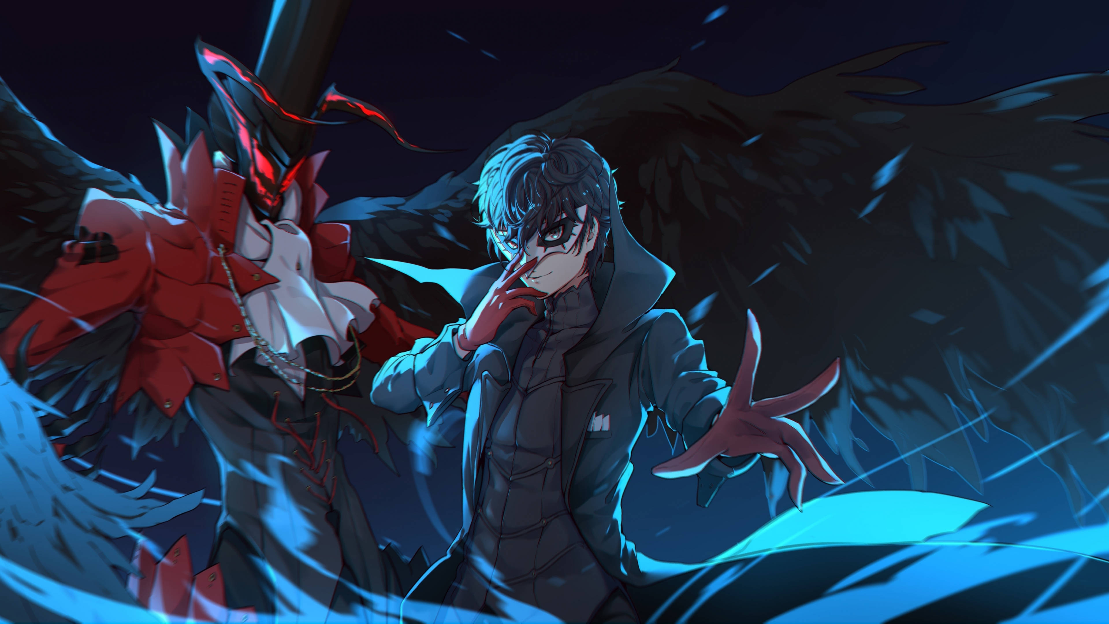 persona 5 4K 桌布 壁紙 — 一個黑暗的動漫角色，擁有黑色翅膀和紅色手套，站在一個紅色裝甲惡魔般的生物旁邊，背景是暴風雨的夜空。