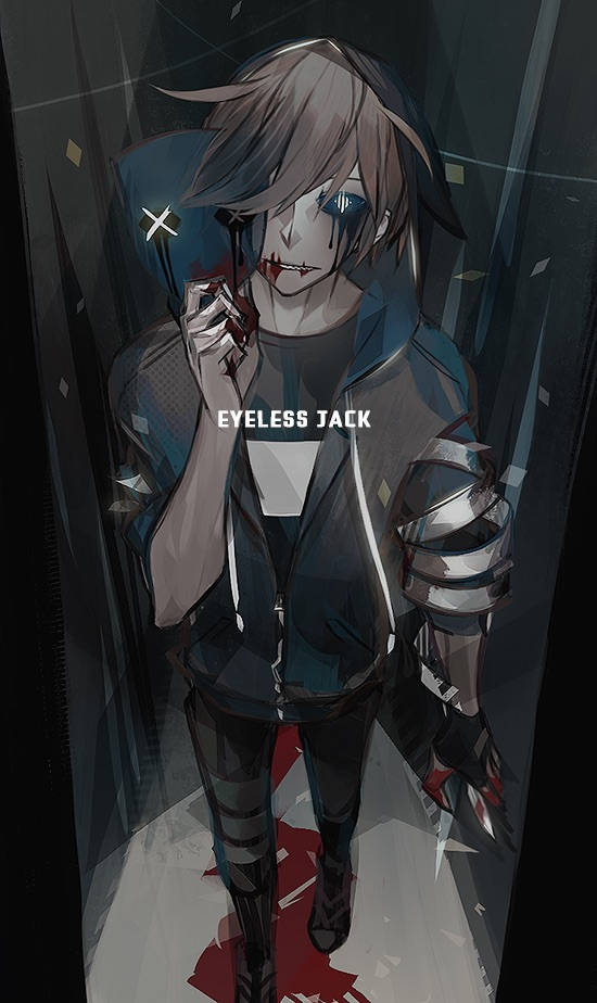 Eyeless Jack 桌布 壁紙 — 一個黑暗的動漫角色，有一隻發光的眼睛和血淋淋的嘴巴，站在破碎的玻璃走廊中，手持一把血淋淋的刀。