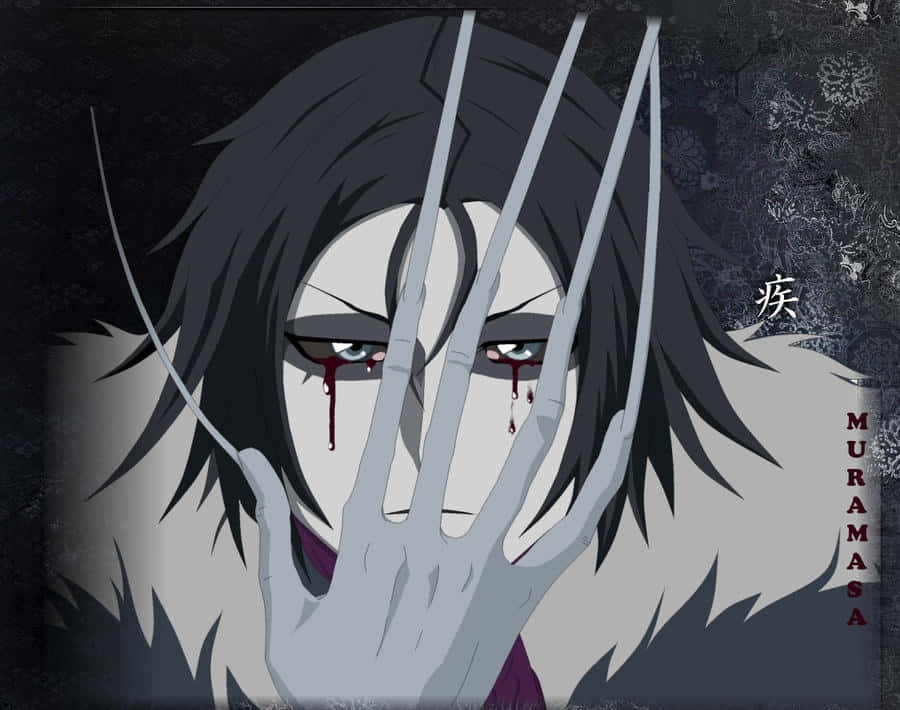 Bleach Muramasa 桌布 壁紙 — 一個黑暗的動漫角色，眼睛充血，爪子遮住臉，背景是紋理黑色。