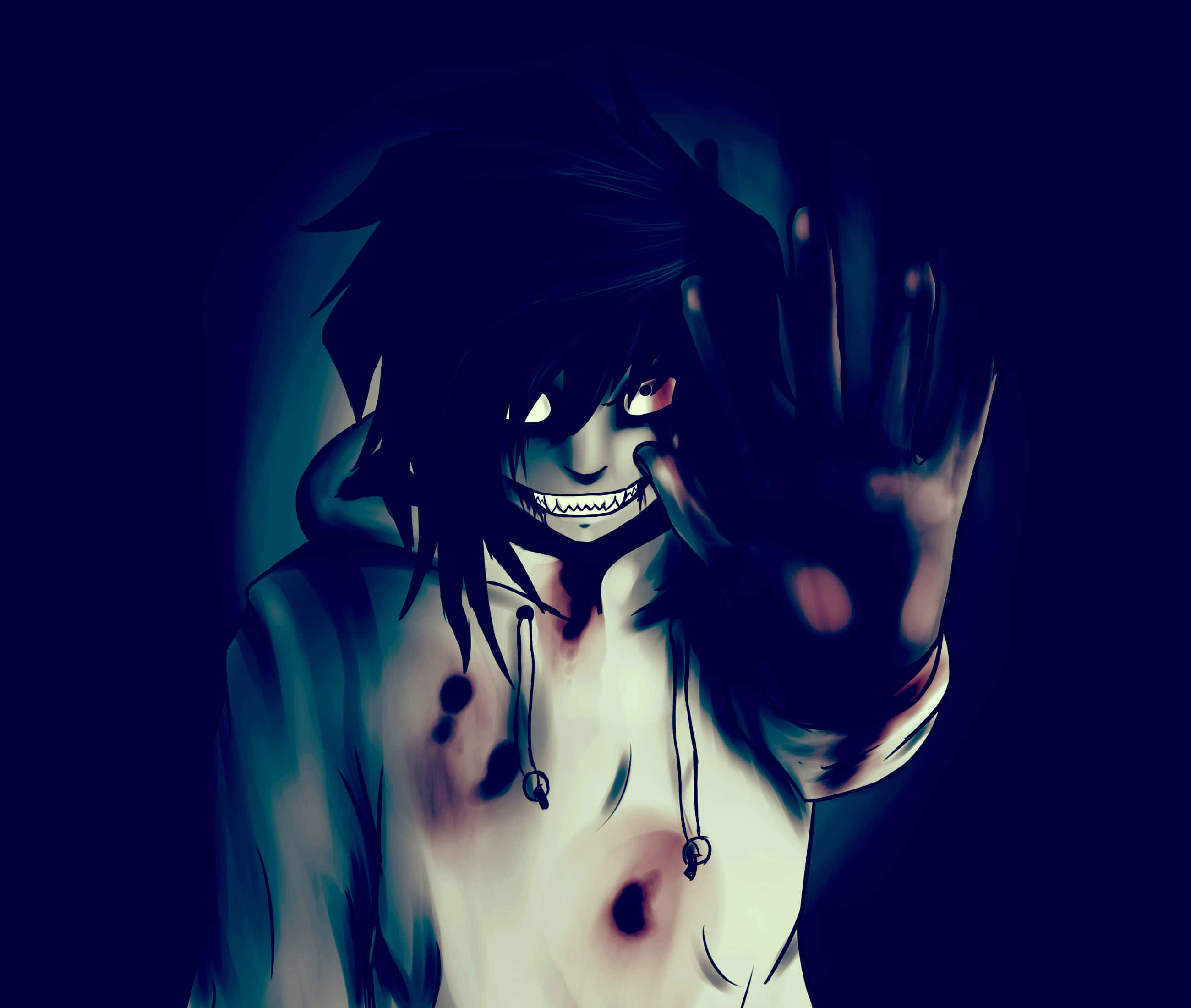 Jeff The Killer 桌布 壁紙 — 一個黑暗的動漫角色，眼睛發光，帶著邪惡的笑容，將沾滿血的手按在陰暗藍色環境中的玻璃屏障上。