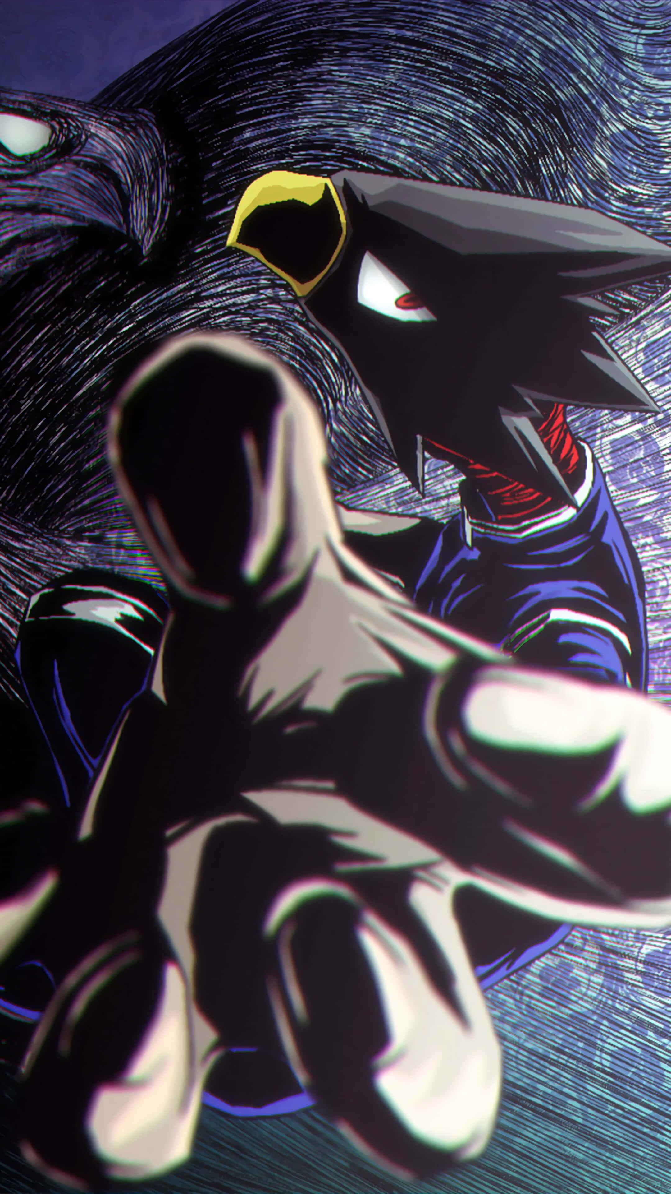 Fumikage Tokoyami 桌布 壁紙 — 一個黑暗的動漫角色，眼睛發光，帶有黃色標誌，在旋轉的紫色背景前伸手向前。