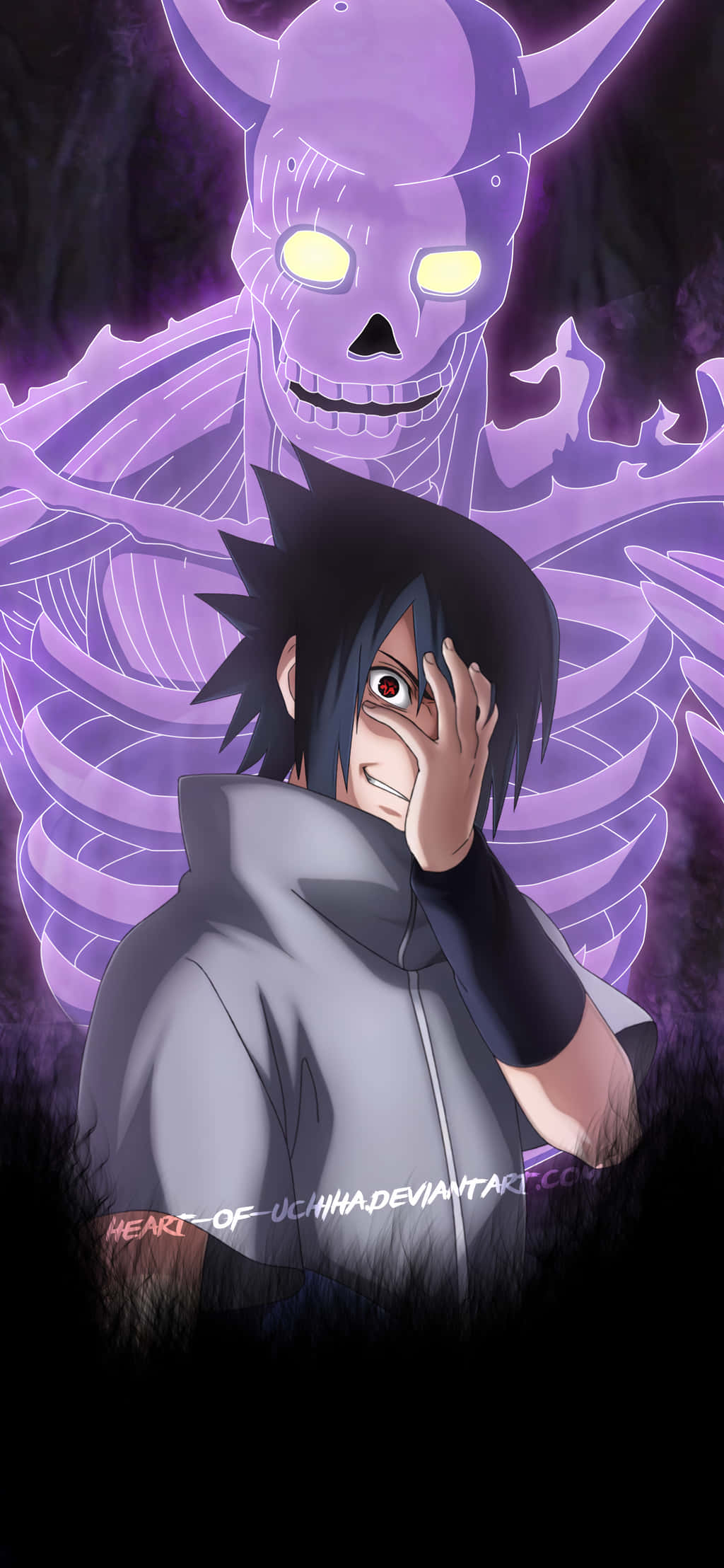 Uchiha iPhone 桌布 壁紙 — 一個黑暗的動漫角色，眼睛發光，用手遮住臉，身後有一個紫色的骷髏惡魔若隱若現。