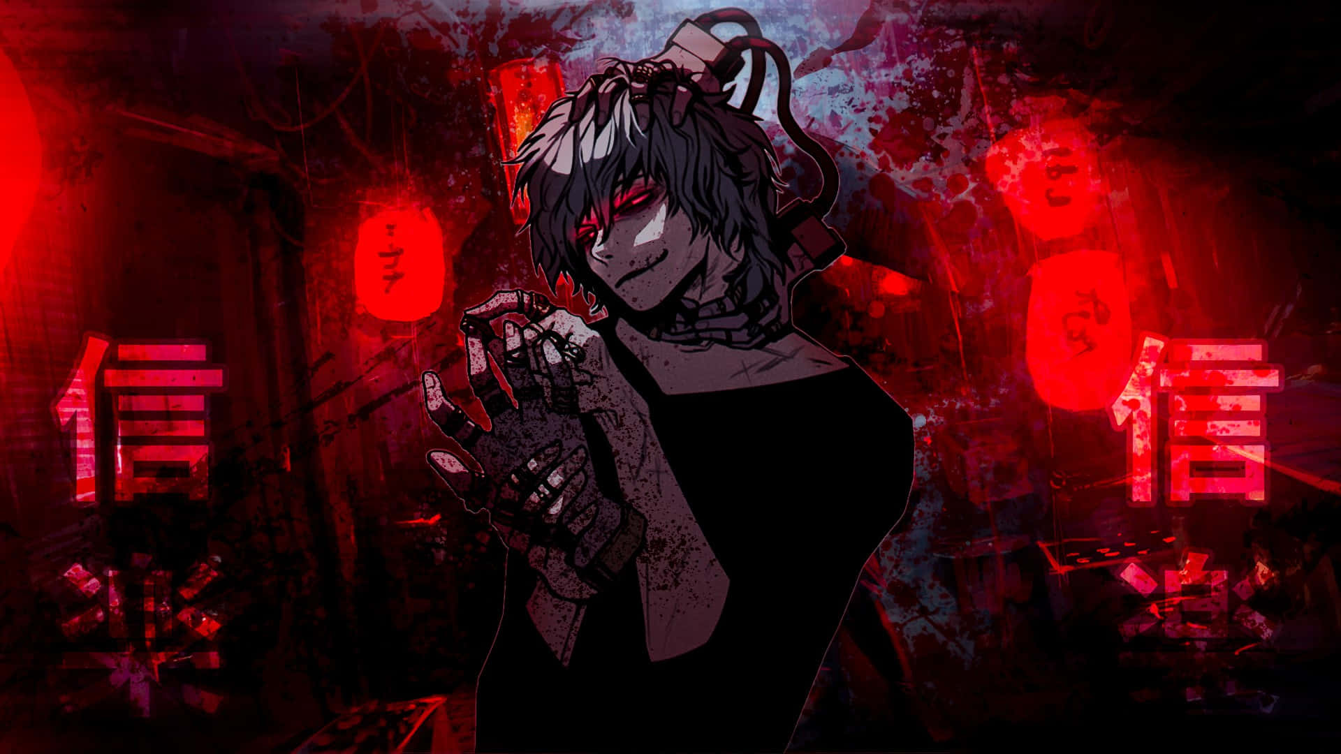 My Hero Academia Aesthetic 桌布 壁紙 — 一個黑暗的動漫角色，紅眼睛黑頭髮，站在一個紅光照亮的房間裡，有發光的燈籠和日文字元。