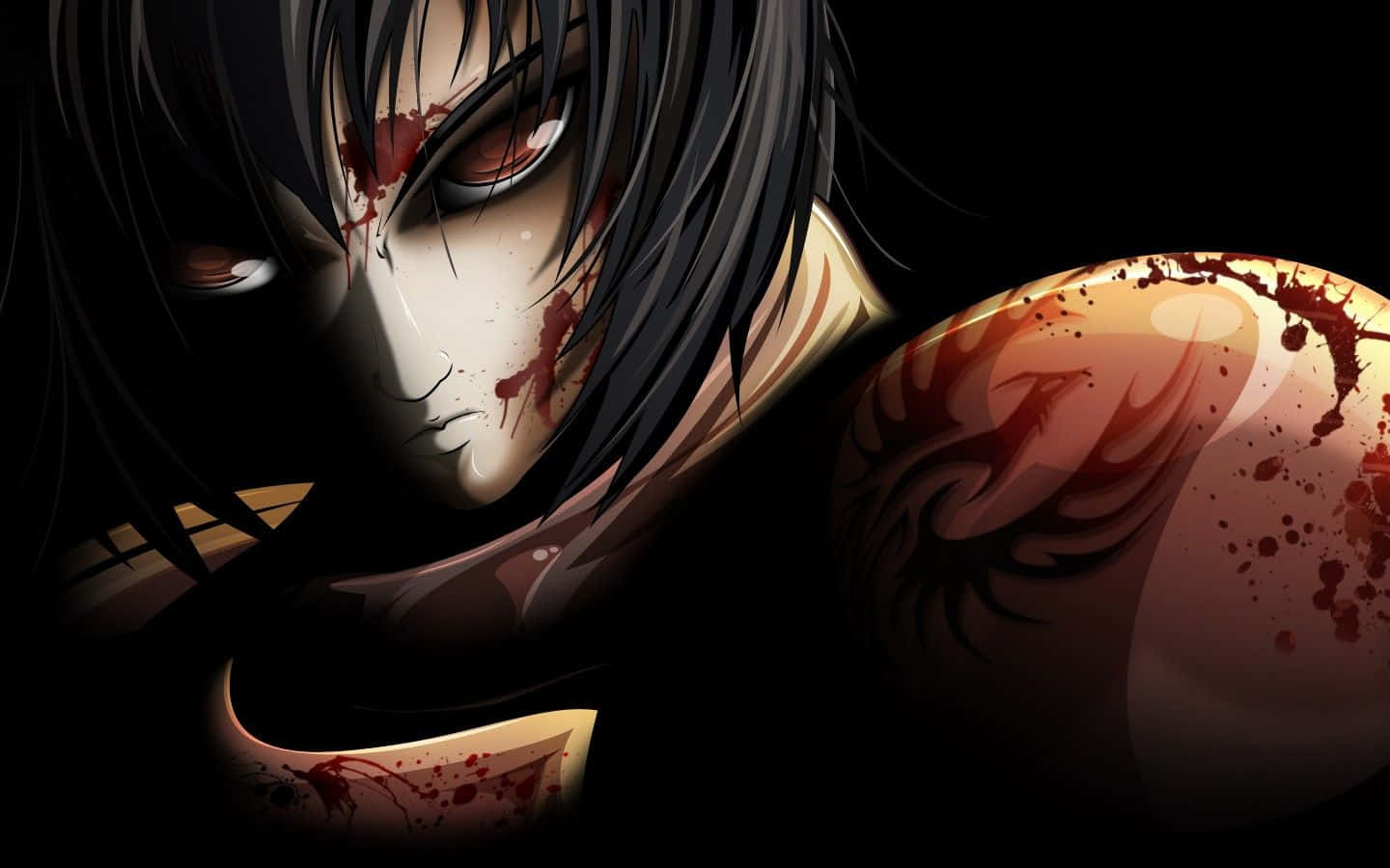 Jeff The Killer 桌布 壁紙 — 一個黑暗的動漫角色，臉上帶血，手臂有刺青，在黑色背景下強烈凝視。