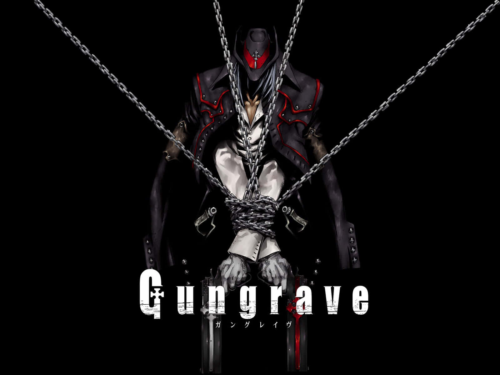 Gungrave 桌布 壁紙 — 一個黑暗的動漫角色，鎖鏈束縛著他的身體，背景為黑色，下方有標題 Gungrave。