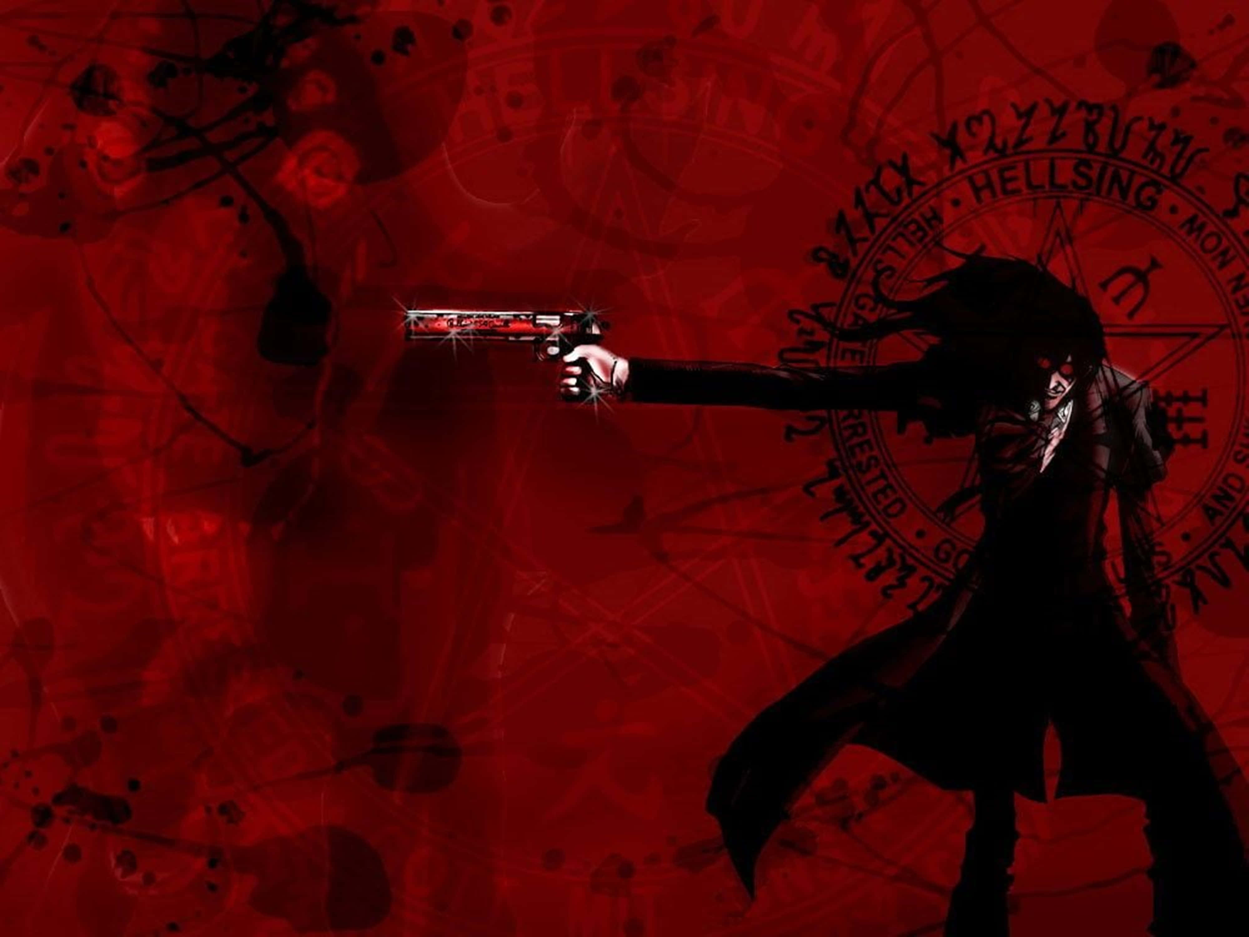 Hellsing Ultimate 4K 桌布 壁紙 — 一個黑暗的動漫角色以剪影形式瞄準一把發光的槍，背景是充滿神秘符號的血紅色。