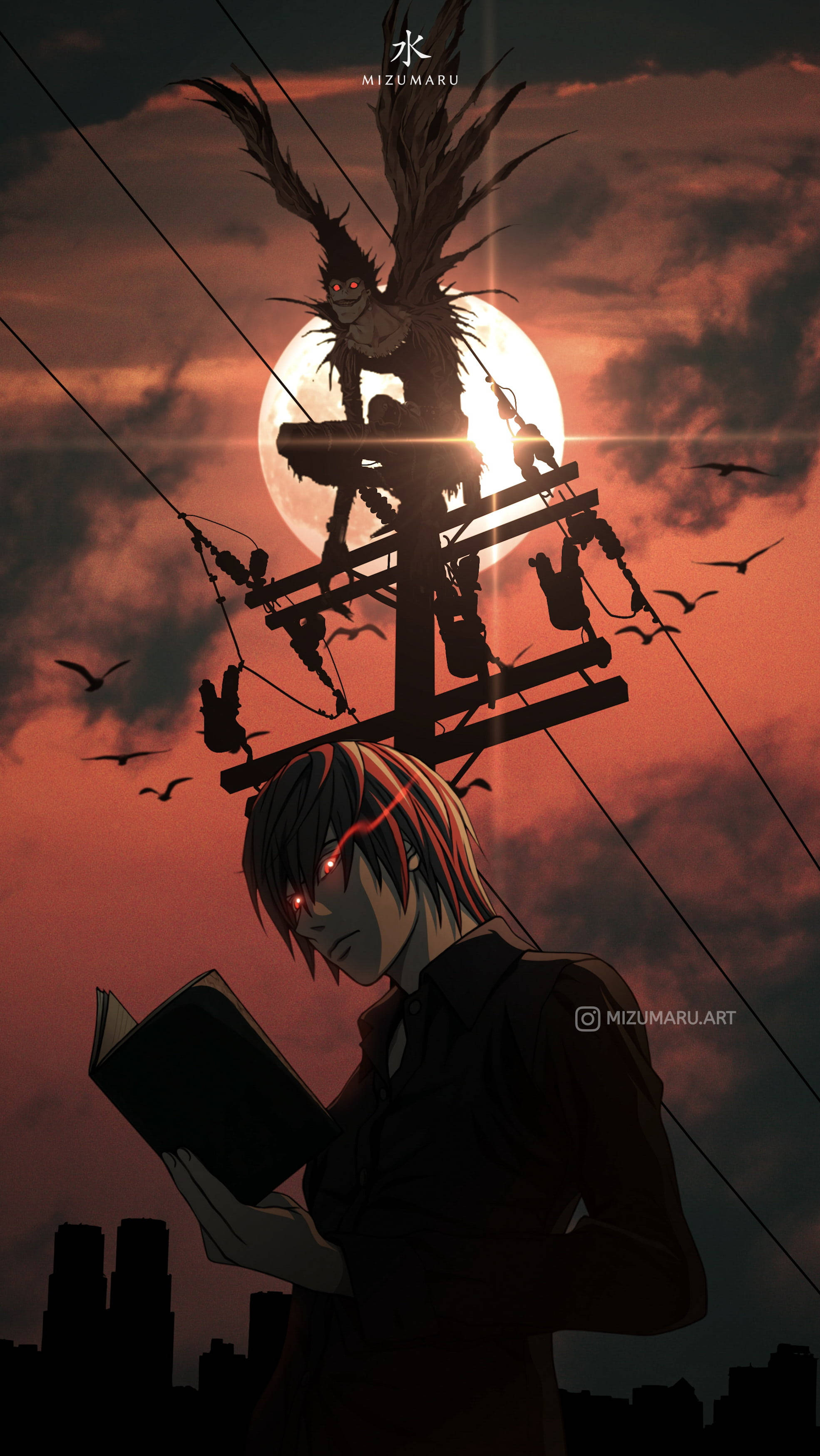 Light Yagami 桌布 壁紙 — 一個黑暗的動漫角色在血橙色的夕陽下讀書，一隻烏鴉棲息在電線桿上，眼睛發光。