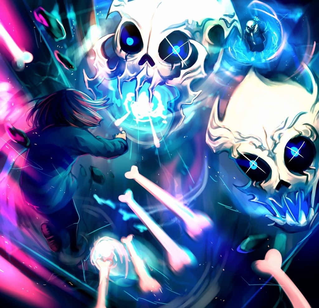 Sans 桌布 壁紙 — 一個黑暗的動漫角色在霓虹燈照亮的宇宙戰鬥場景中，與發光的藍色頭骨和漂浮的骨頭戰鬥。