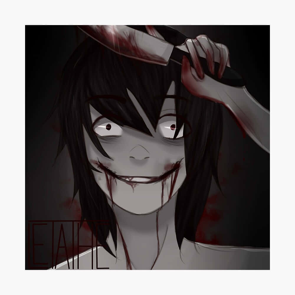 Jeff The Killer 桌布 壁紙 — 一個黑暗的動漫角色帶著血淋淋的笑容，在黑色背景上將刀高舉過頭。