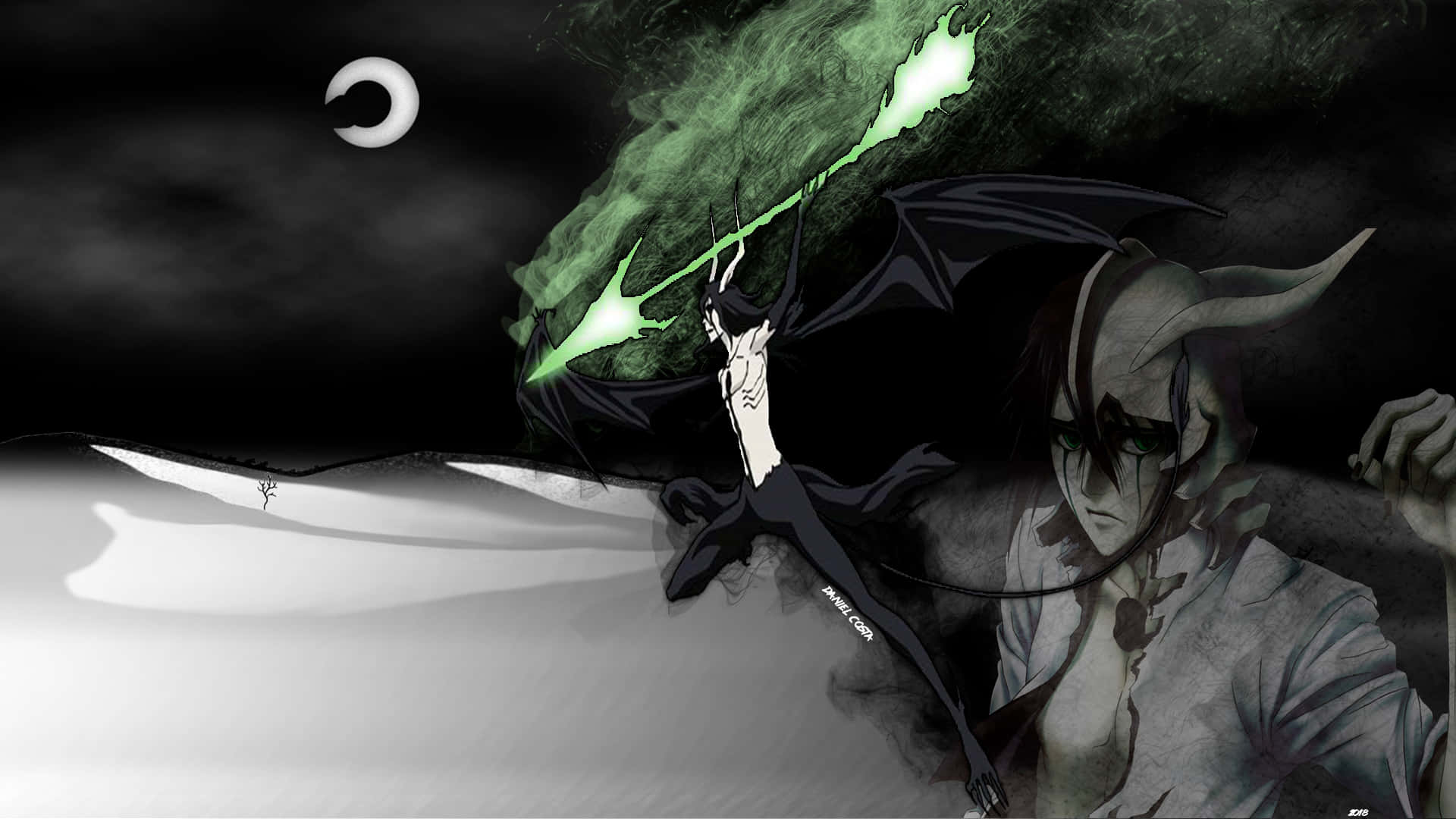 Ulquiorra Cifer 桌布 壁紙 — 一個黑暗的動漫角色頭上有角，在黑色天空下的新月下揮舞著發光的綠色劍。