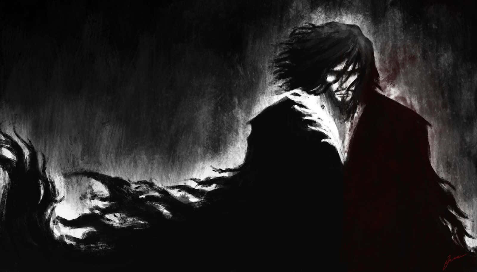 Zangetsu 桌布 壁紙 — 一個黑暗的動漫風格人物，長髮，身穿紅色外套，站在陰影的憂鬱中，抓著胸口，鬼魅般的觸手在他們周圍旋轉。