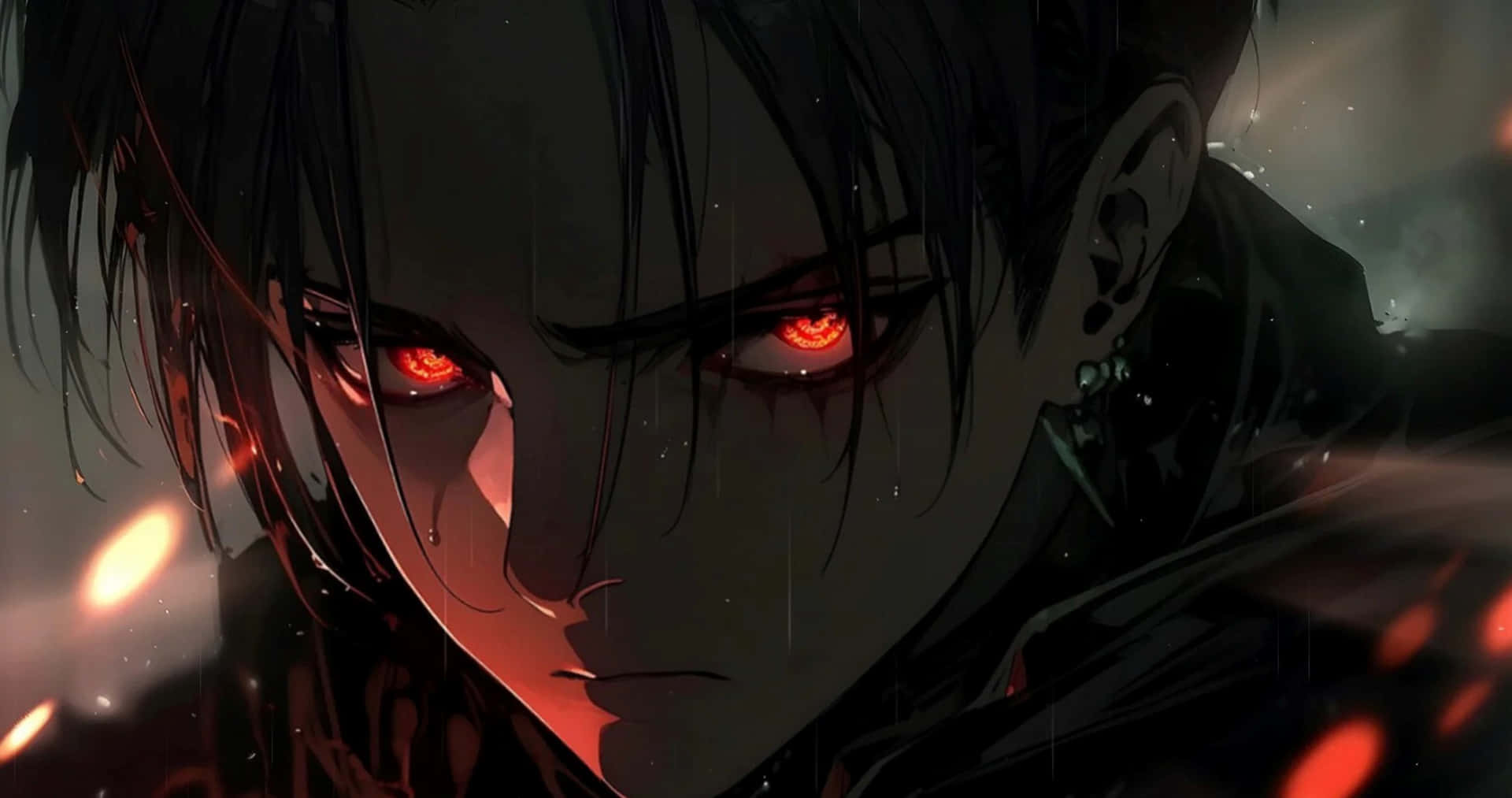 levi wallpaper /4K 壁紙 — 一個黑暗的動畫男性，擁有發光的紅色眼睛，在雨中透過浮動的餘燼，在憂鬱的夜晚場景中強烈凝視。