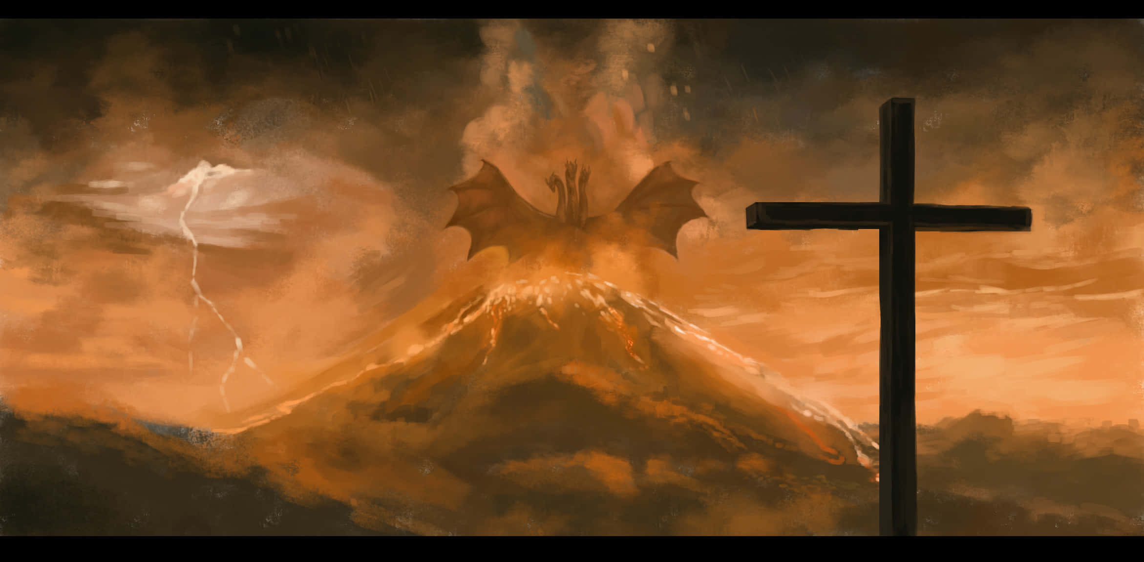 King Ghidorah 桌布 壁紙 — 一個黑暗的十字架矗立在噴發的火山前，伴隨著一個蝙蝠翅膀的惡魔，背景是暴風雨的橙色天空。
