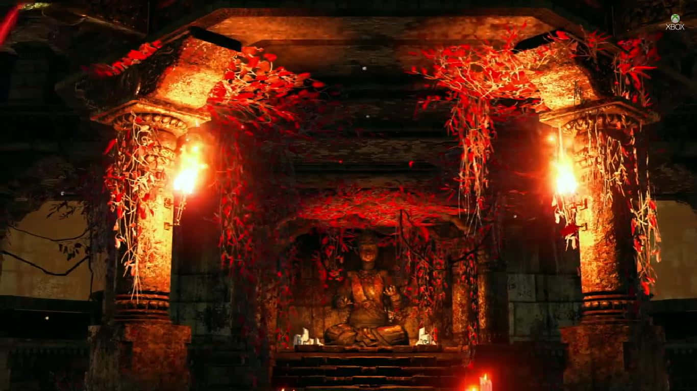 電玩遊戲 桌布 壁紙 — 一個黑暗的古老神殿，發光的紅色藤蔓和閃爍的火炬照亮了神秘廢墟中的一座坐像。