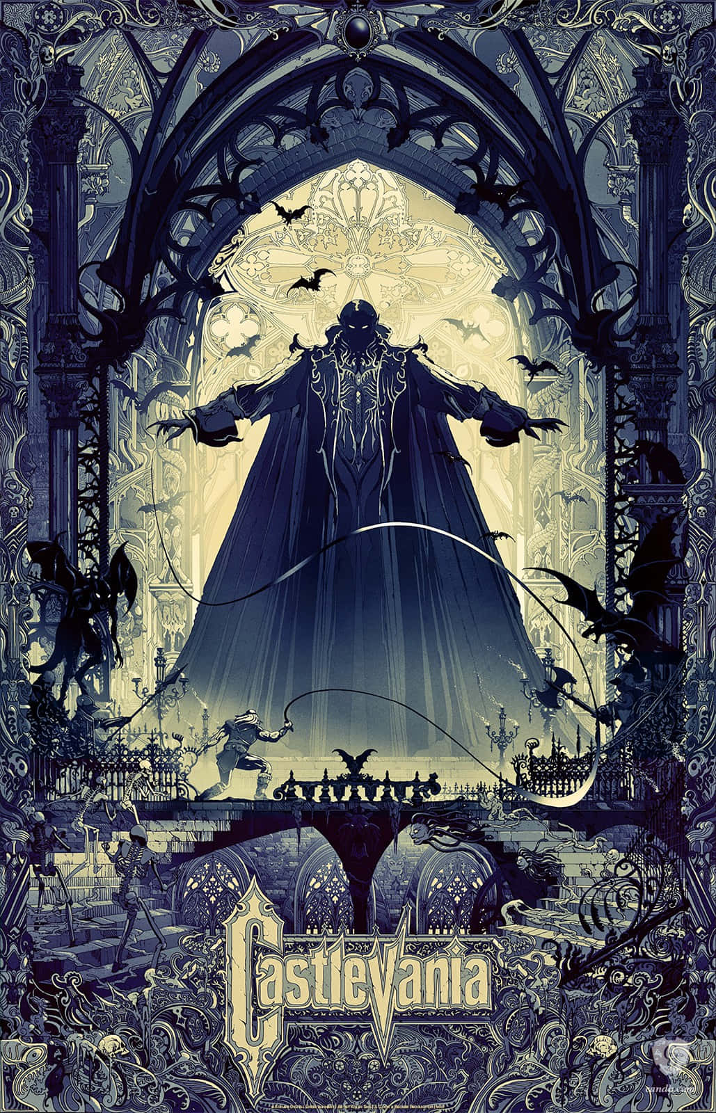 Castlevania 桌布 壁紙 — 一個黑暗的哥德式拱門框住了一位身穿飄逸斗篷的高大吸血鬼領主，蝙蝠在城堡庭院中圍繞著他飛舞。