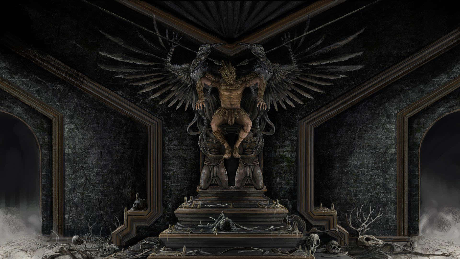 Throne 桌布 壁紙 — 一個黑暗的哥德式王座廳，有一個帶翅膀的人形雕像棲息在一個被頭骨和骨頭包圍的基座上。