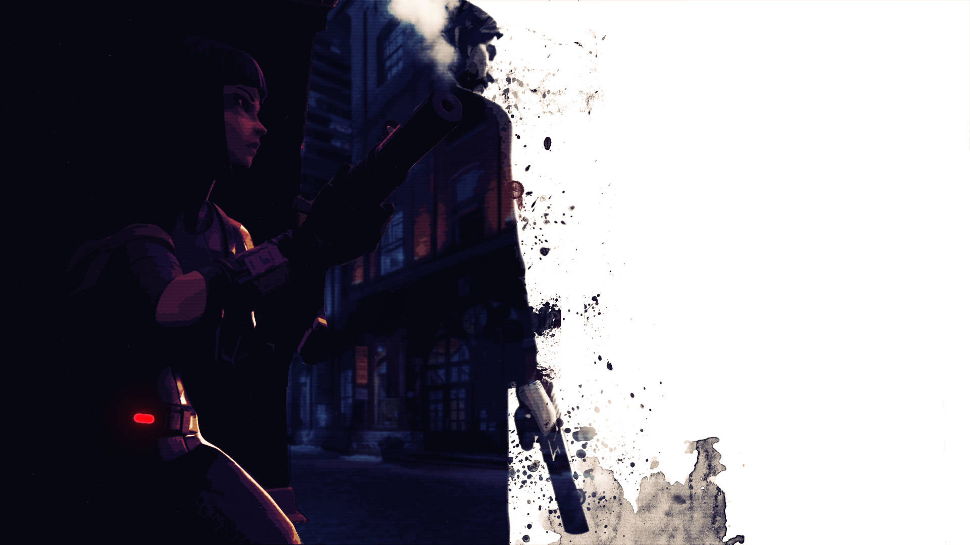 John Wick 桌布 壁紙 — 一個黑暗的城市人物，雙眼發出紅光，瞄準武器，白色油漆飛濺遮蓋了背景建築物。