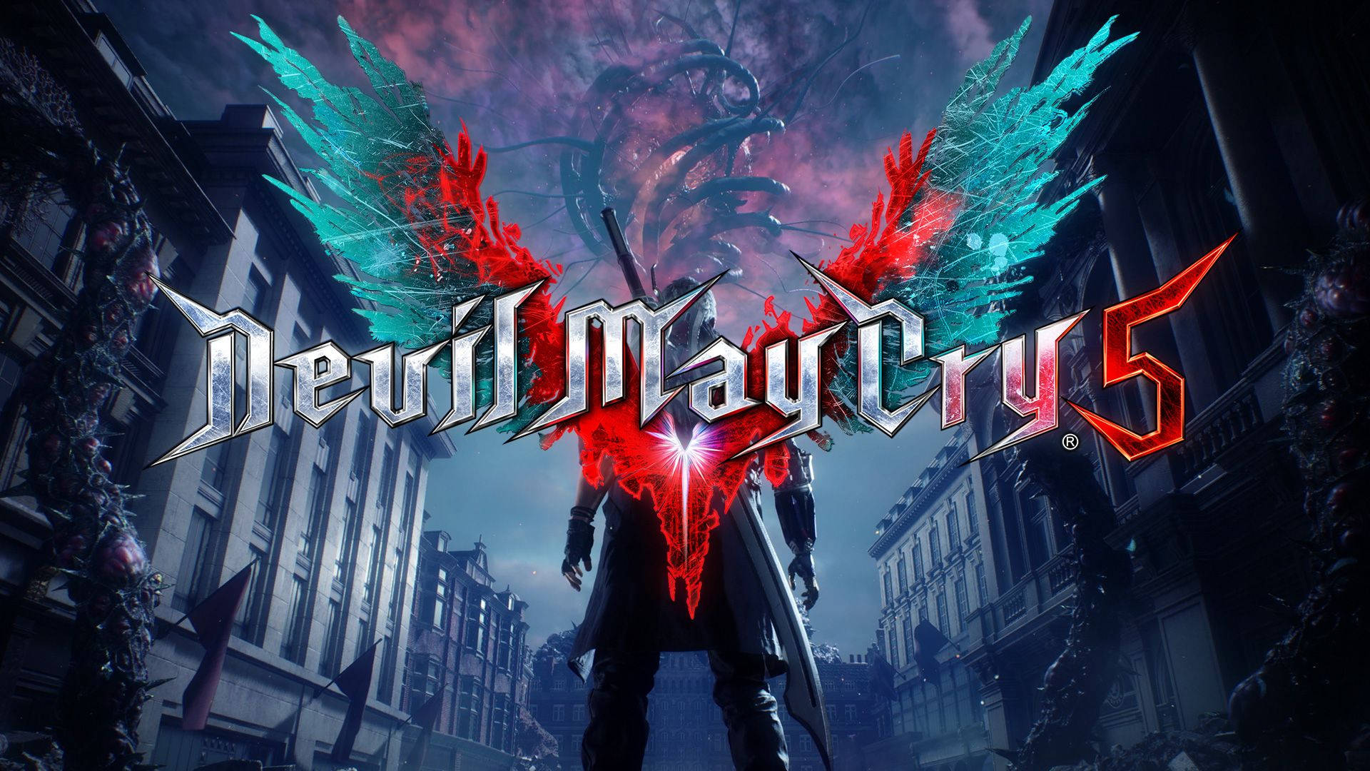 Devil May Cry 5 桌布 壁紙 — 一個黑暗的城市場景，一個惡魔般的人物站在哥德式城市景觀前，天空風暴密佈。