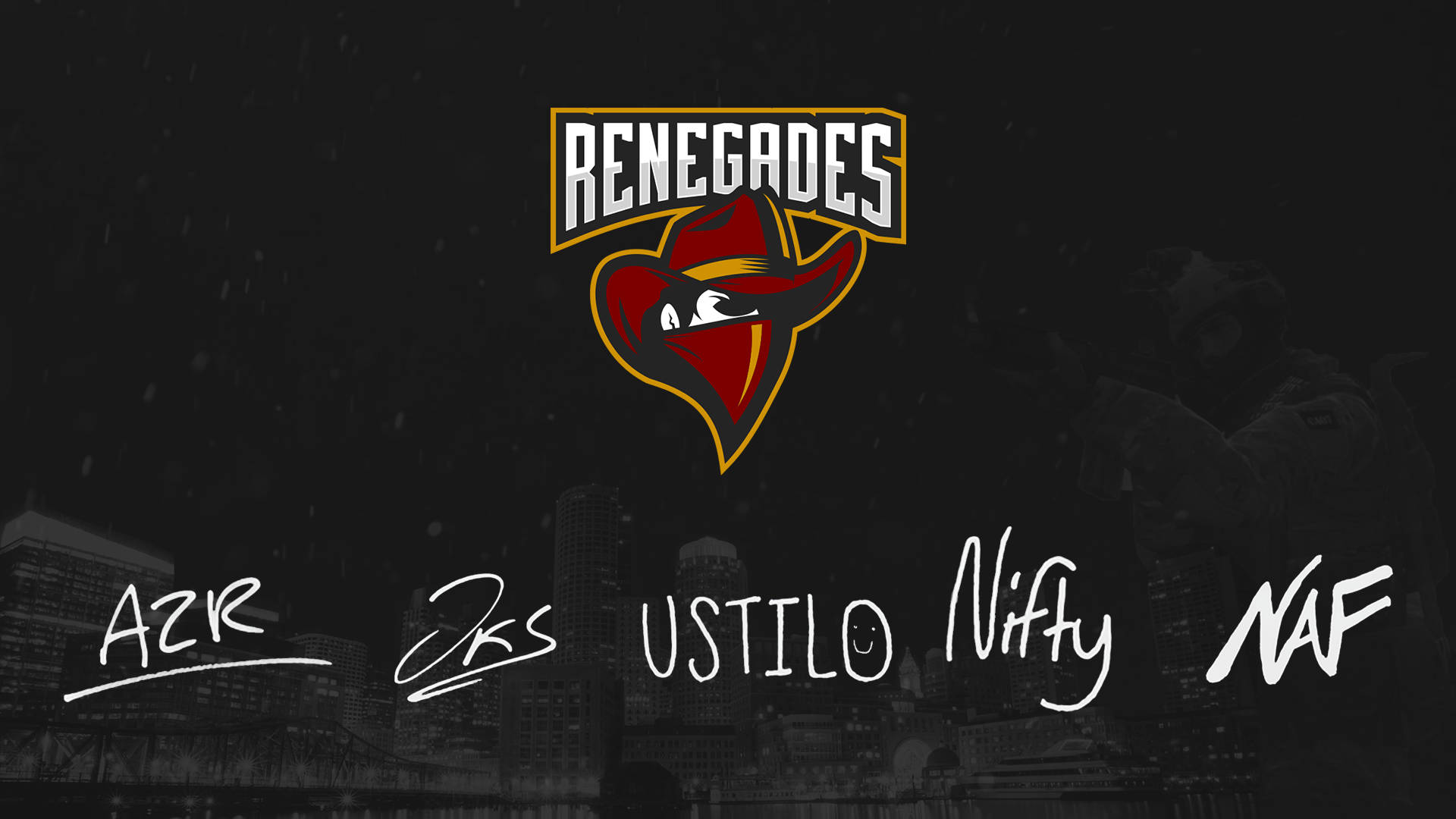 Csgo 桌布 壁紙 — 一個黑暗的城市壁紙，帶有Renegades標誌，包括牛仔帽和眼睛，疊加在城市天際線上，並有白色字體的玩家名稱。