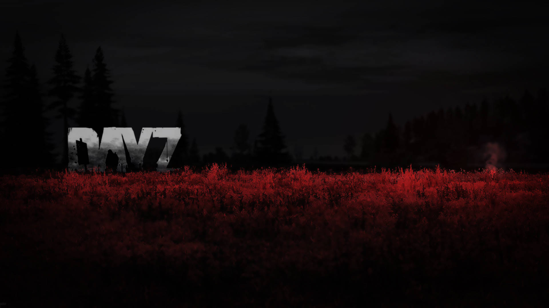 DayZ 桌布 壁紙 — 一個黑暗的夜晚場景，有發光的紅色樹葉，以及以粗體白色字母寫成的詞語 'DAY7'，背景是森林輪廓。