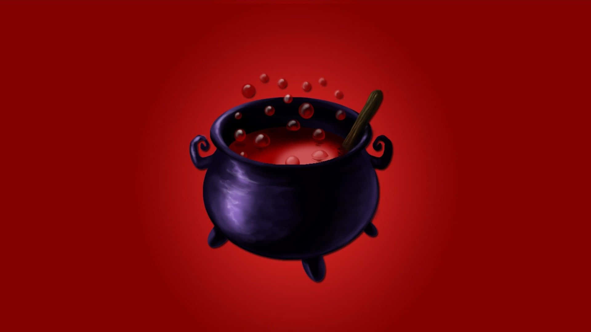 cauldron 桌布 壁紙 — 一個黑暗的大鍋，裝有冒泡的紅色液體和漂浮的球體，背景是深紅色漸變。