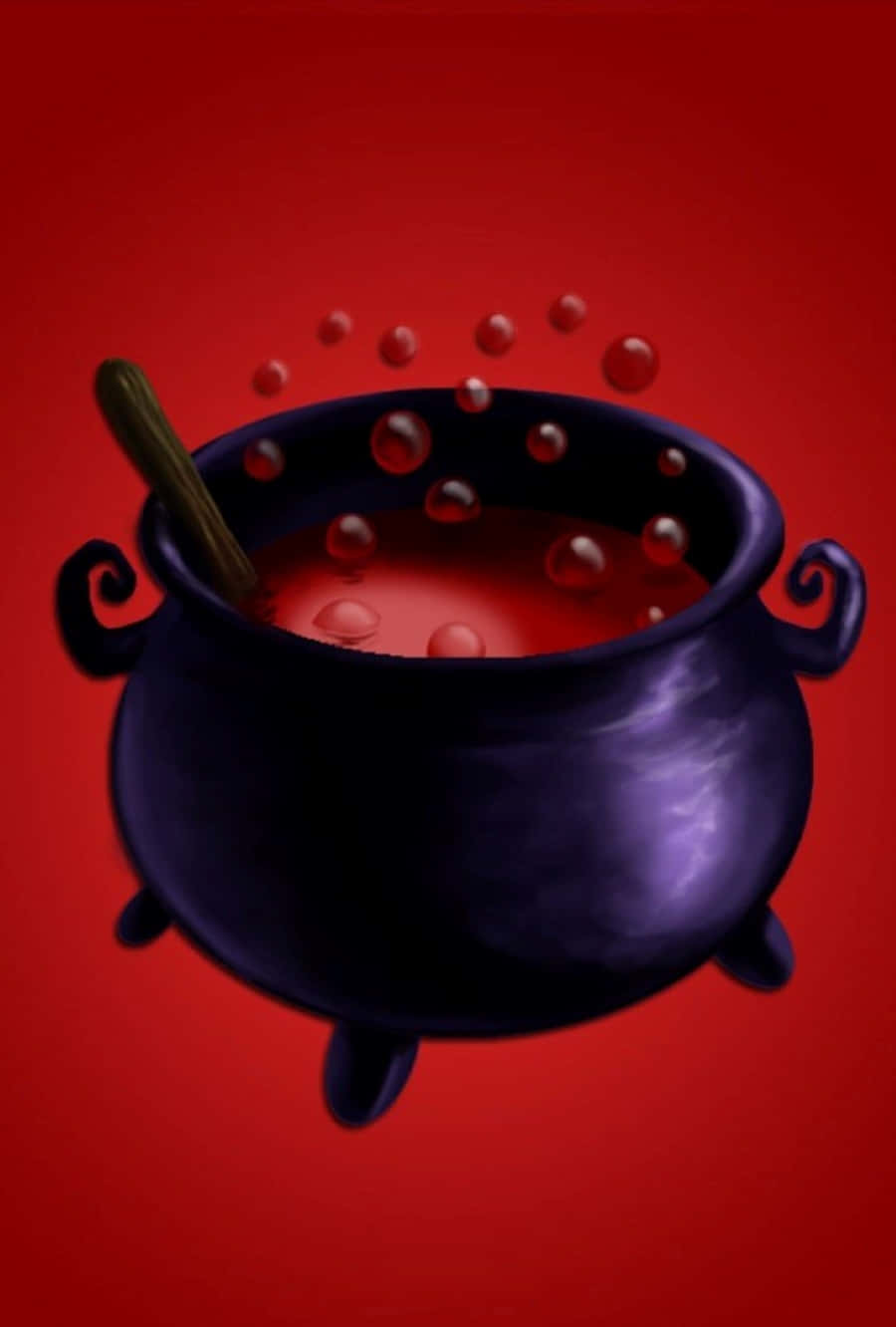 cauldron 桌布 壁紙 — 一個黑暗的大鍋，裡面有冒泡的紅色液體和漂浮的球體，背景是鮮豔的紅色。