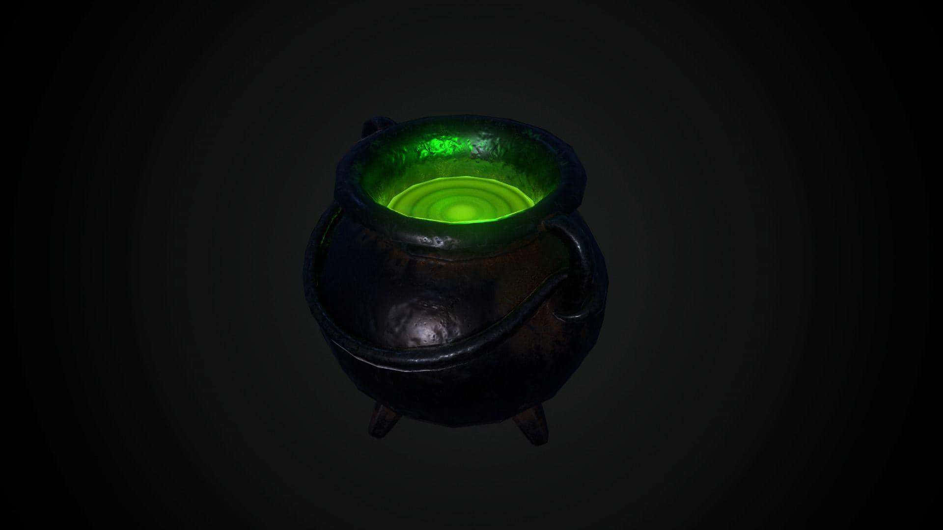 cauldron 桌布 壁紙 — 一個黑暗的大鍋，裡面有發光的綠色液體，位於黑色背景中央，帶有微妙的徑向光效。