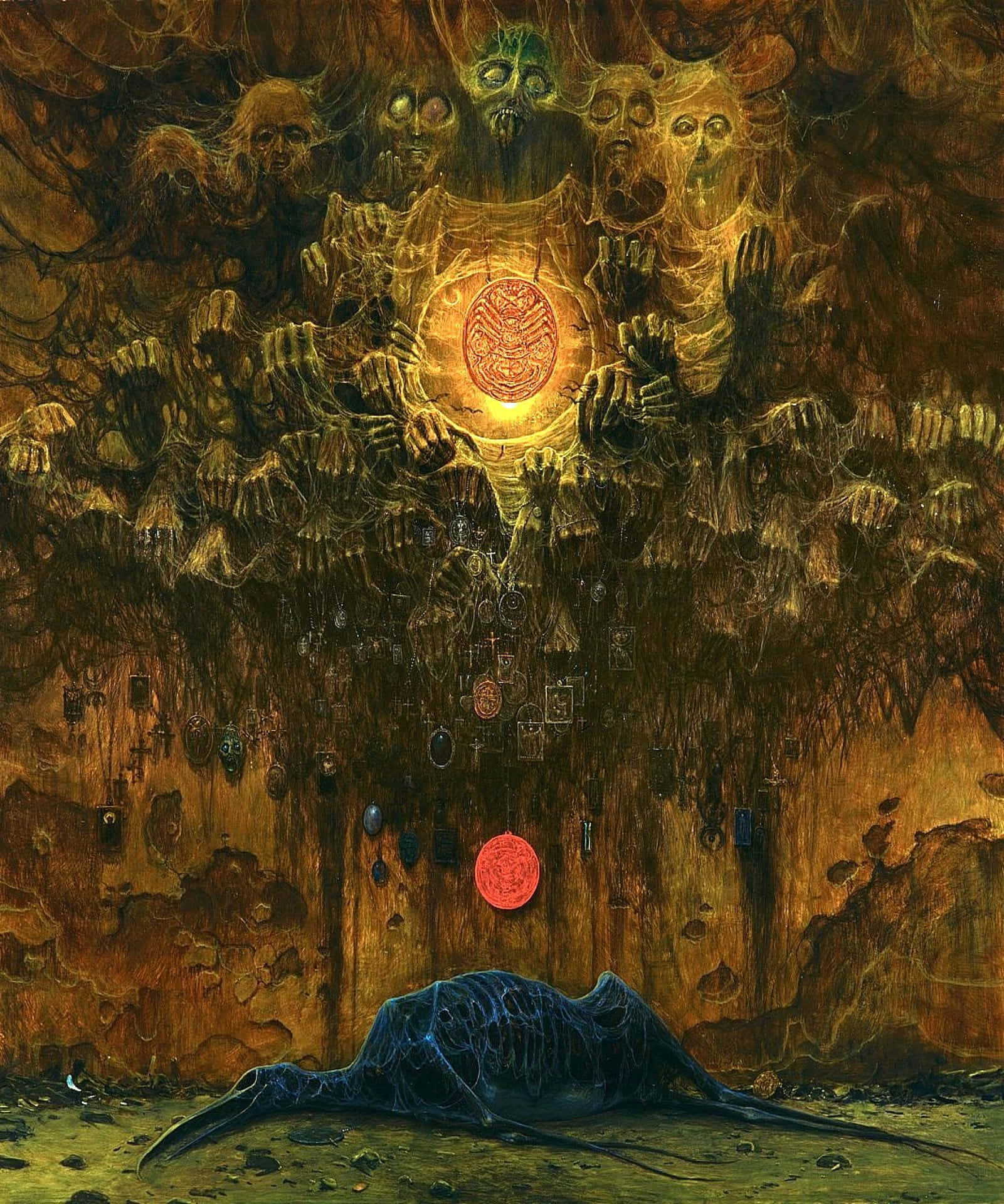 詭異的GIF 桌布 壁紙 — 一個黑暗的奇幻場景，中央有一個發光的球體，周圍環繞著怪誕的面孔和手，上方有一個藍色骷髏生物躺在長滿苔蘚的地面上。