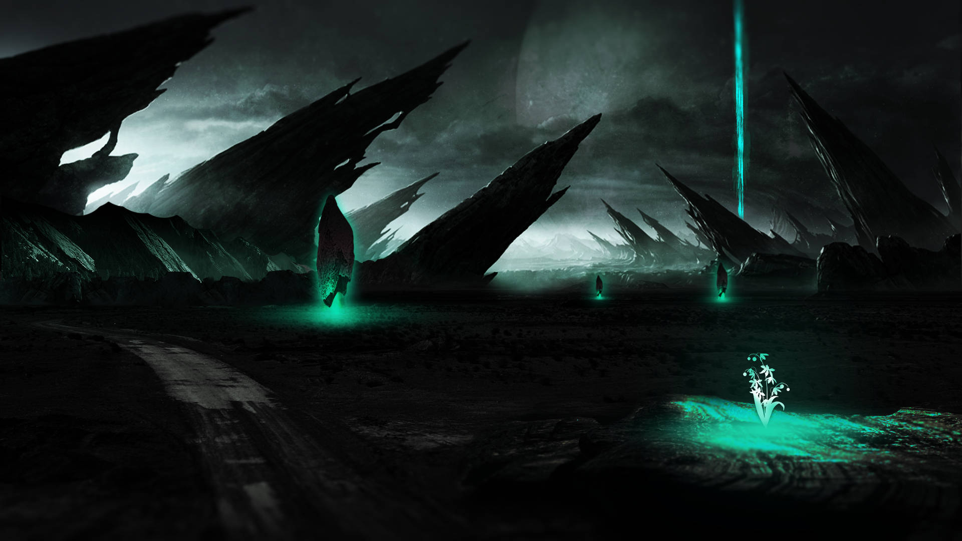 Sci Fi Landscape 桌布 壁紙 — 一個黑暗的奇幻景觀，在暴風雨的天空下，有鋸齒狀的黑色岩石 formations，被詭異的綠色發光植物和垂直光束照亮。