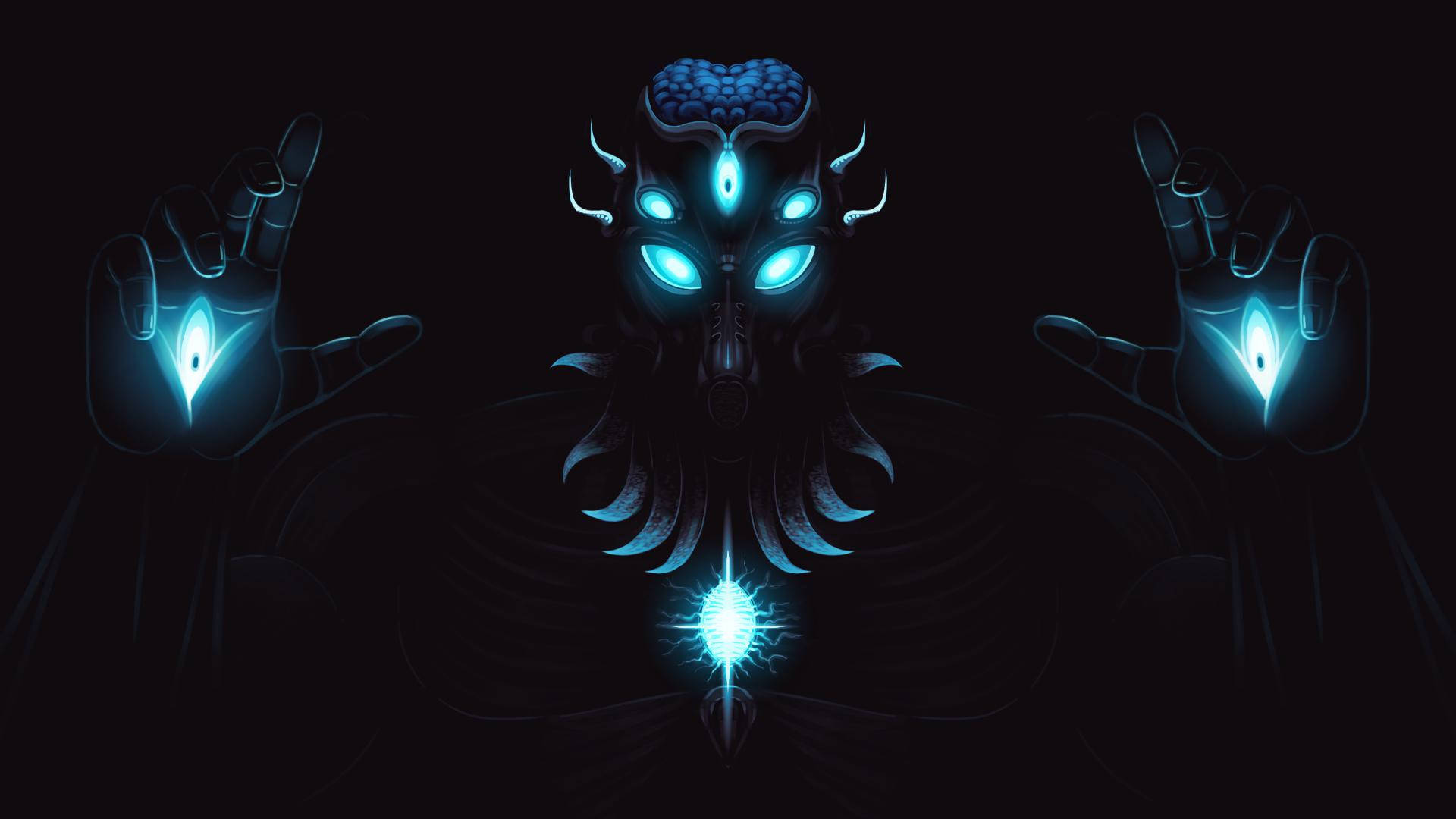 Terraria Moon Lord 桌布 壁紙 — 一個黑暗的宇宙實體，擁有發光的藍色眼睛和雙手，在黑色虛空中散發神秘能量。
