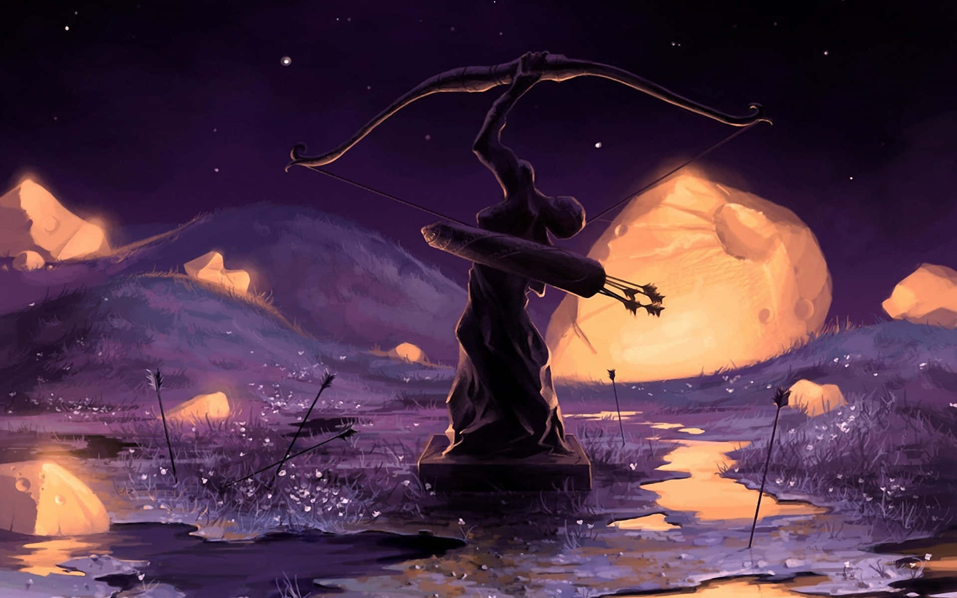 sagittarius 桌布 壁紙 — 一個黑暗的弓箭手雕像在星光燦爛的紫色沼澤中蓄勢待發，發光的橙色月光在水面上反射。