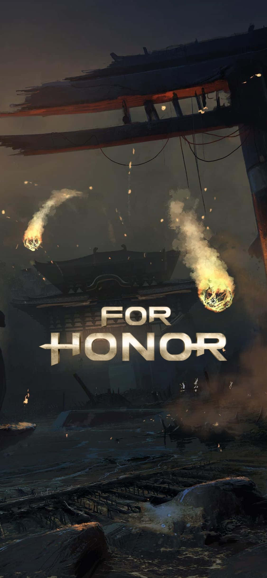 iPhone Xs For Honor 桌布 壁紙 — 一個黑暗的戰爭蹂躪戰場，燃燒的彈丸和一個廢墟的日本風格大門在陰沉天空下。