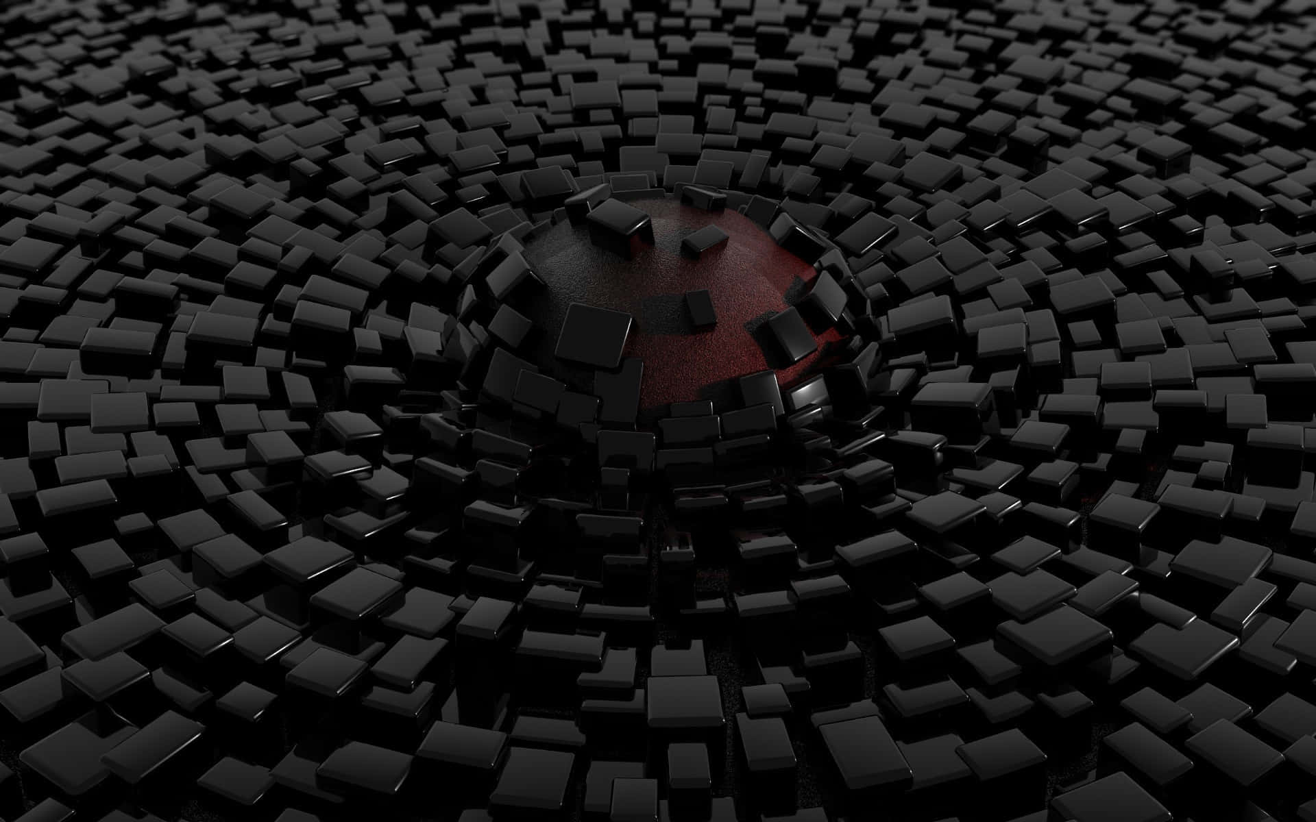 Plain Black Desktop 桌布 壁紙 — 一個黑暗的抽象場景，黑色立方體從發光的紅色核心向外輻射，採用數位3D渲染構圖。
