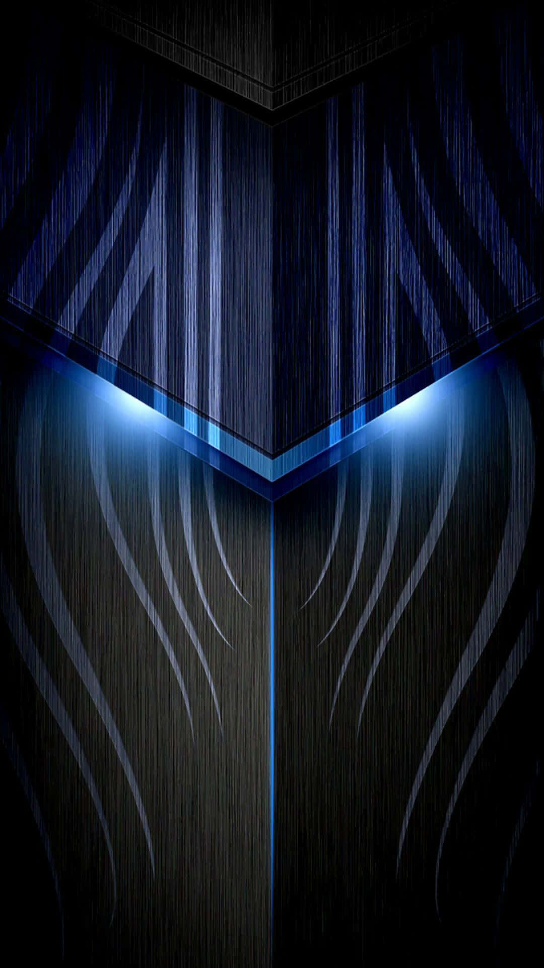 AMOLED 桌布 壁紙 — 一個黑暗的抽象幾何設計，帶有從中央V形光源輻射出的發光藍色線條。