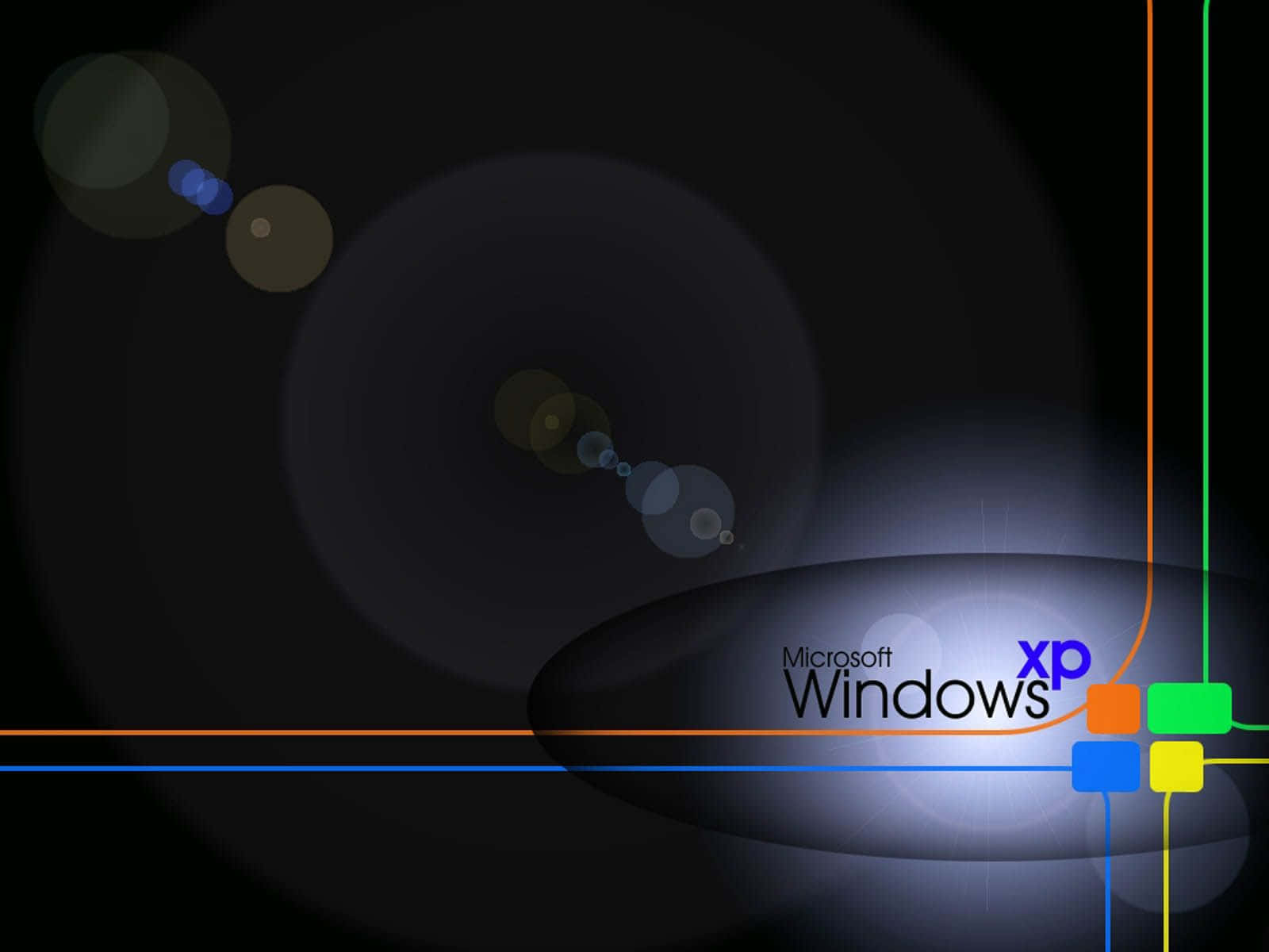 Windows XP 桌布 壁紙 — 一個黑暗的抽象數位桌布，帶有Microsoft Windows XP標誌、彩色線條和鏡頭光暈。