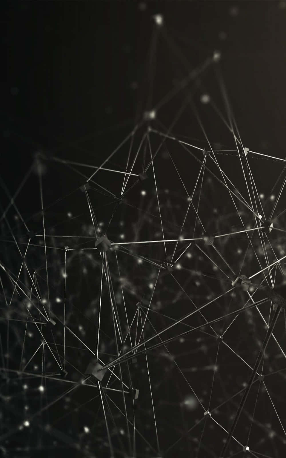 connected 桌布 壁紙 — 一個黑暗的抽象網絡，由發光的白色線條和點組成，在黑色背景上形成相互連接的幾何形狀。