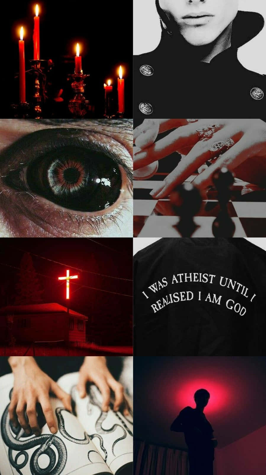 Aesthetic iPhone Horror 桌布 壁紙 — 一個黑暗的拼貼畫，包含紅色燭光、近距離的眼睛、國際象棋、手、發光的十字架、紋身蛇和紅色光線中的剪影。