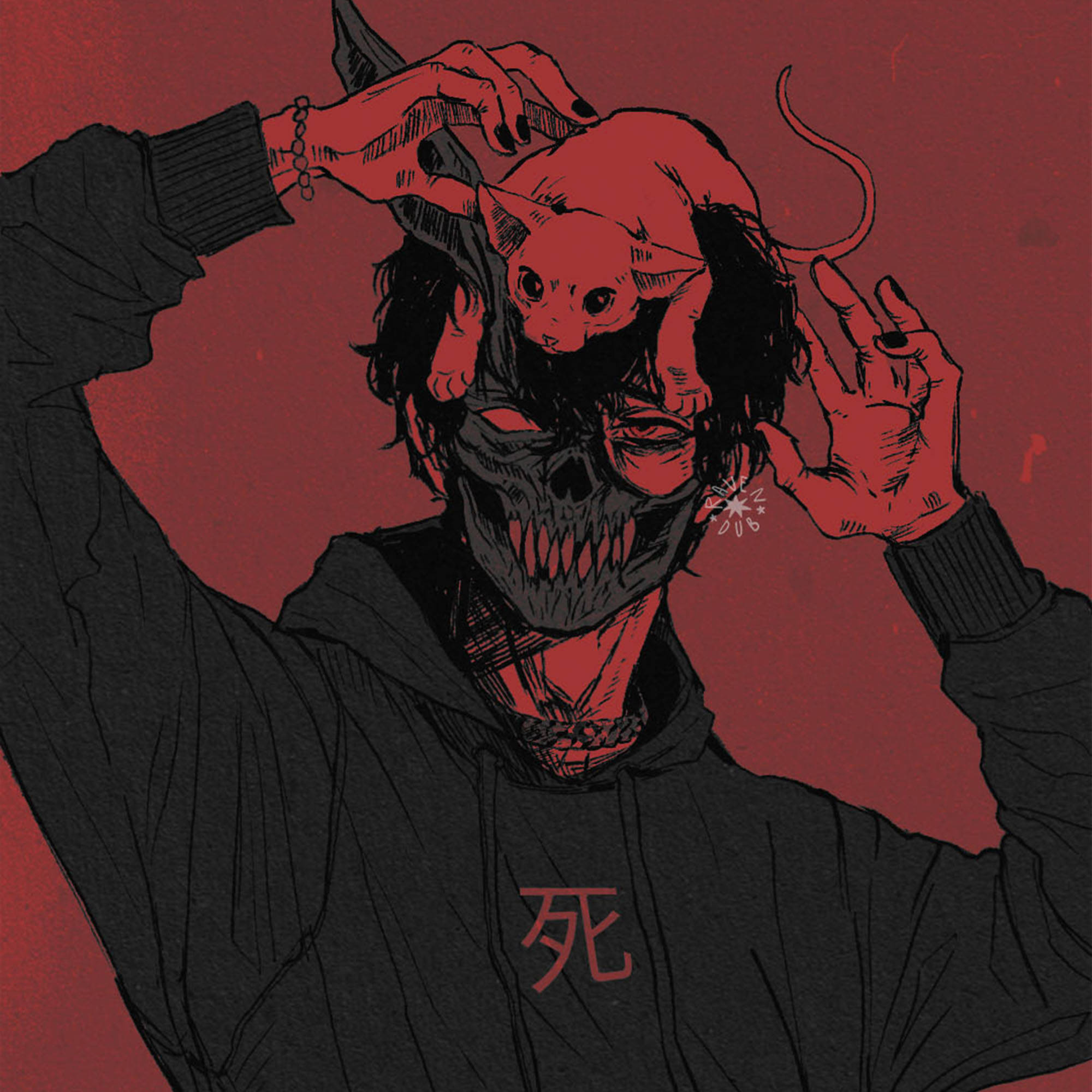 Corpse 桌布 壁紙 — 一個黑暗的插圖人物，戴著骷髏面具，頭上棲息著一隻紅色惡魔貓，背景是血紅色。