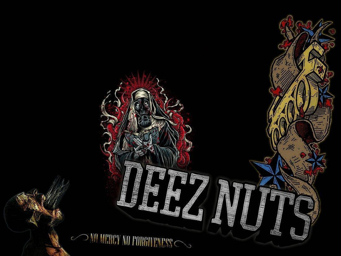 Nuts 桌布 壁紙 — 一個黑暗的插圖標誌，描繪了一個拿著槍的死神，上面有 'DEEZ NUTS' 文字和一個帶有星星的紋身拳頭，背景為黑色。