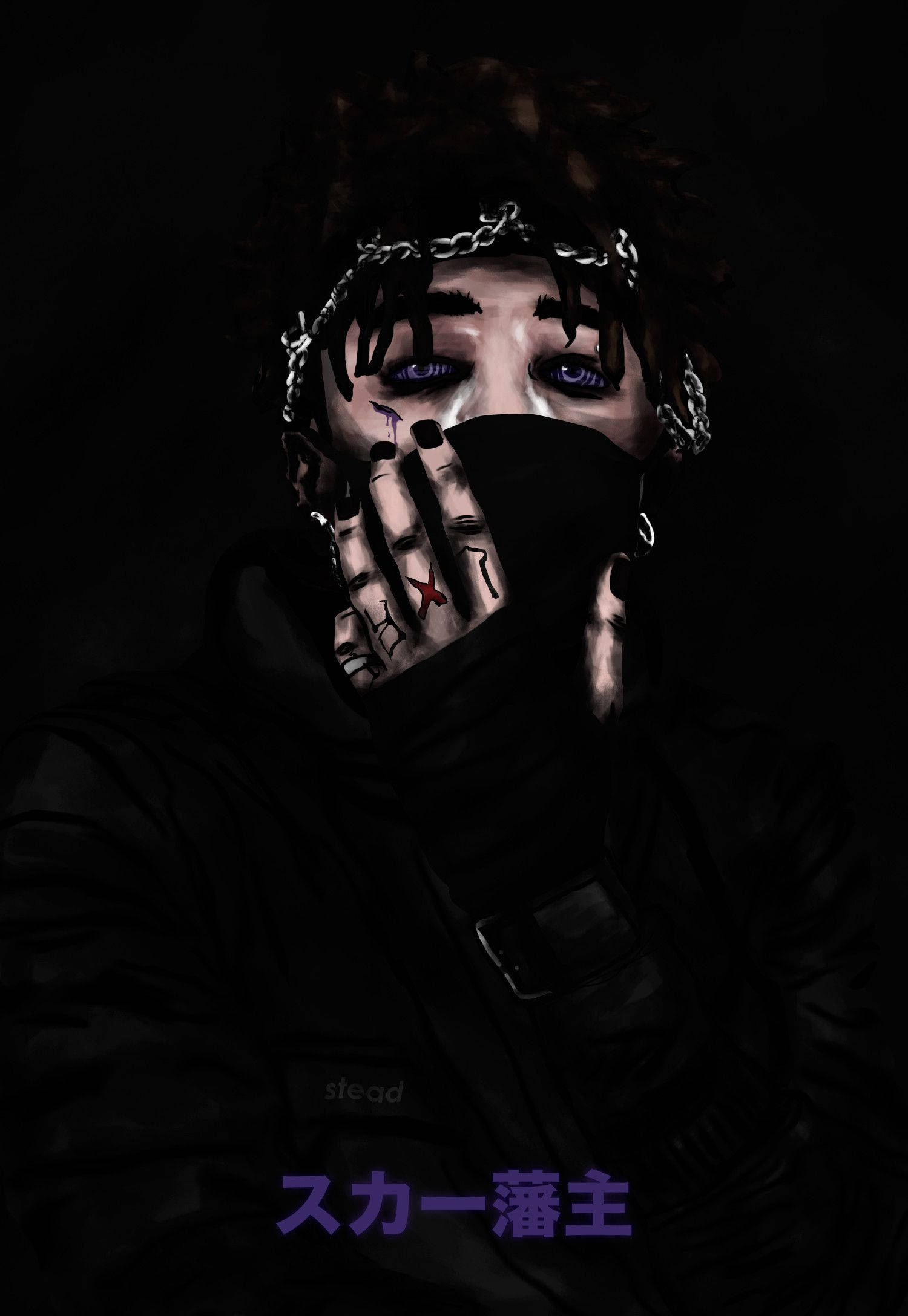 Scarlxrd 桌布 壁紙 — 一個黑暗的數位藝術肖像，人物有發光的藍眼睛和頭髮上的鎖鏈，用戴手套的手遮住嘴巴。