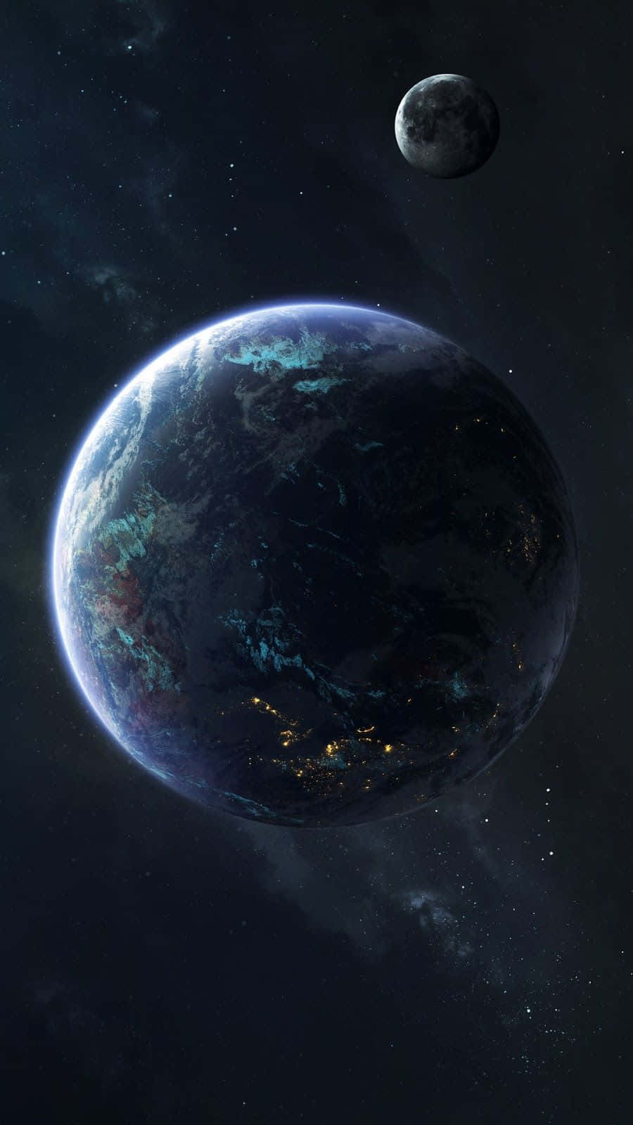 planet earth 桌布 壁紙 — 一個黑暗的星球，帶有發光的城市燈光，以及一個在星空中運行的月亮。