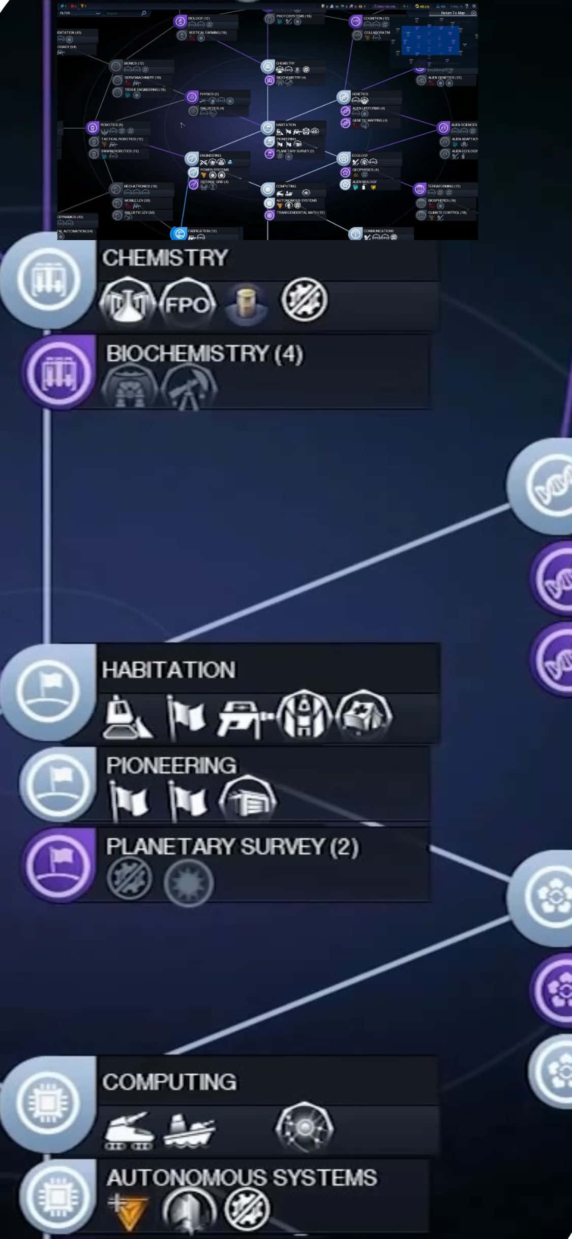 iPhone Xs Civilization Beyond Earth 桌布 壁紙 — 一個黑暗的未來主義介面，顯示相互連接的技術研究節點，如化學和行星調查，帶有發光的紫色和藍色點綴。