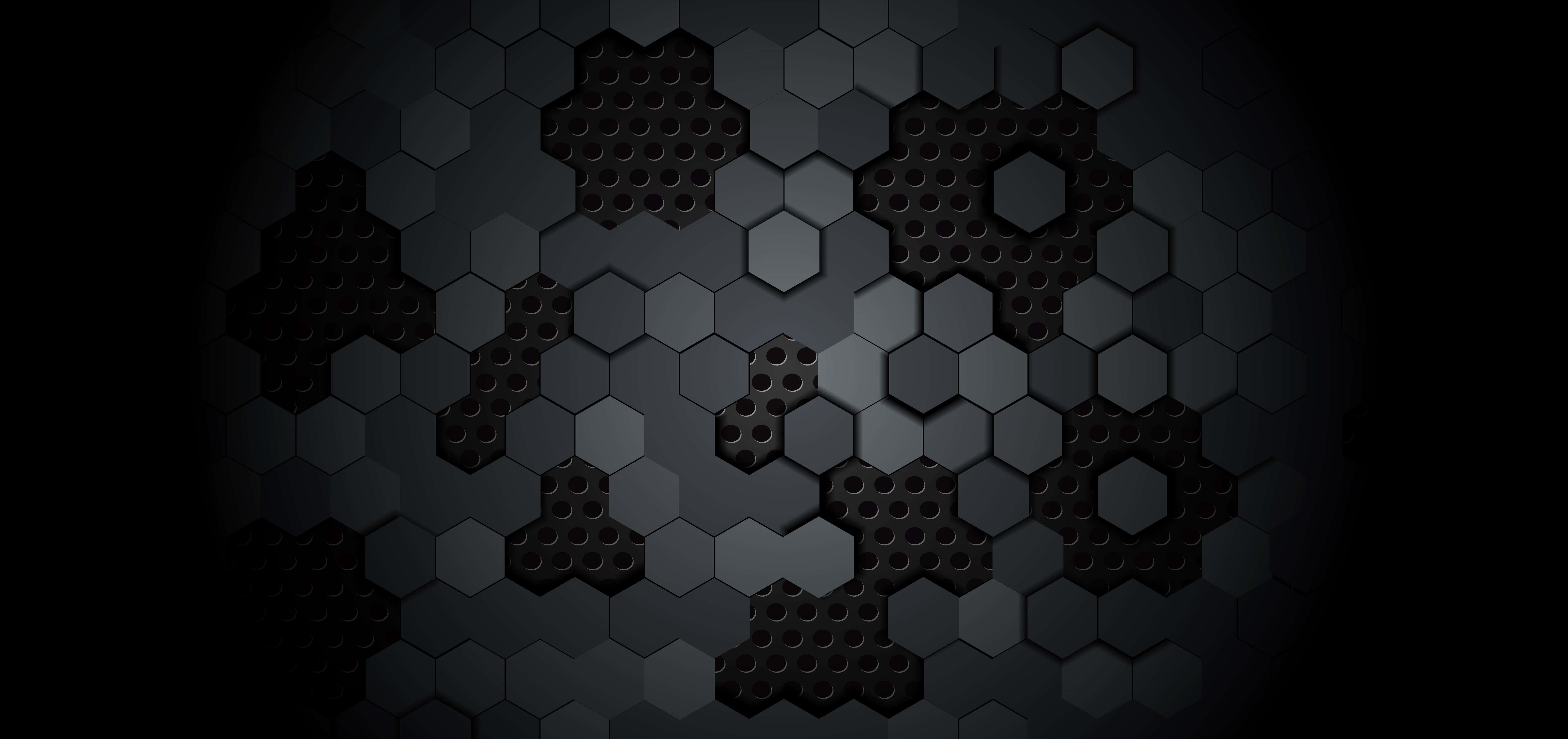 六邊形 桌布 壁紙 — 一個黑暗的未來感六邊形圖案，帶有紋理面板，在黑色背景上柔和發光。