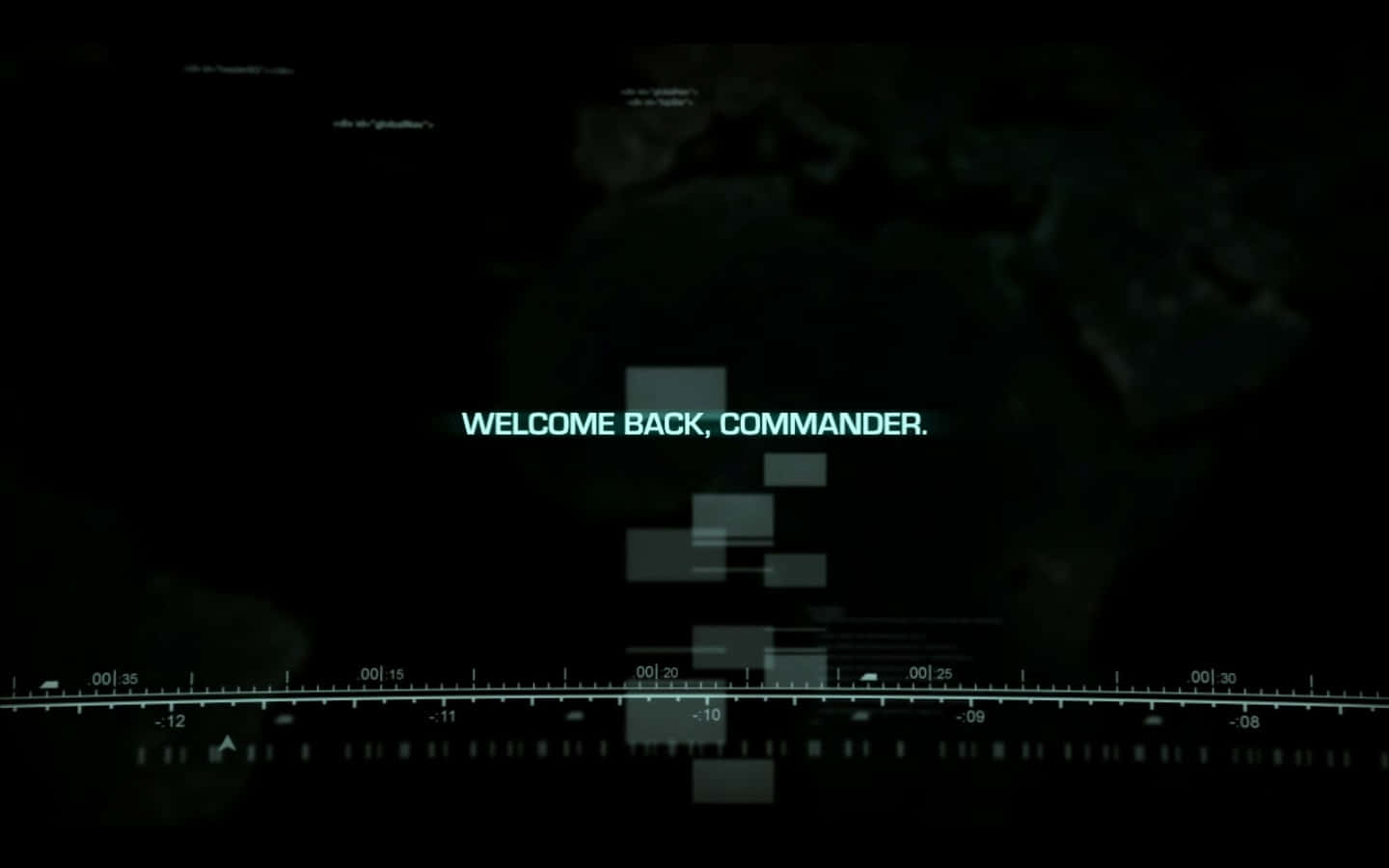 Welcome Gaming 桌布 壁紙 — 一個黑暗的未來風格介面，在模糊的世界地圖背景上顯示發光的青綠色文字，歡迎指揮官回來。