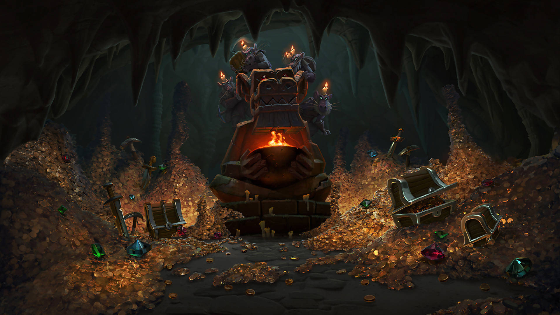 PC 遊戲 桌布 壁紙 — 一個黑暗的洞穴，充滿了寶箱、寶石和金幣，被火焰祭壇和石像守衛手持的火把照亮。
