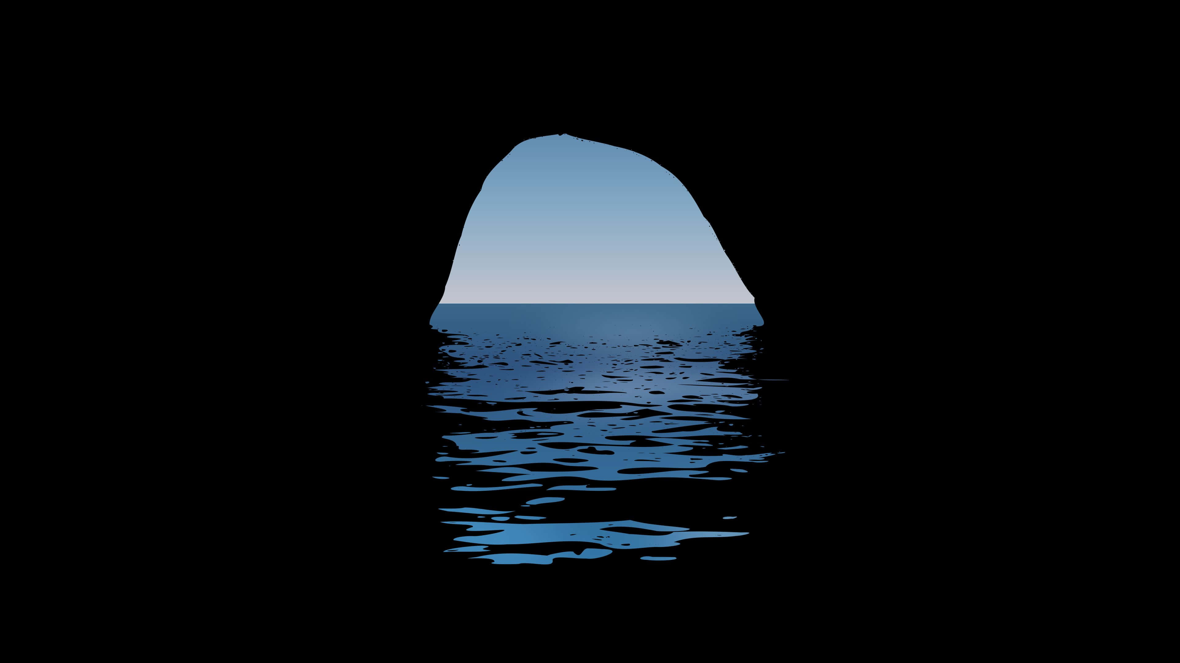Minimalist Ocean 桌布 壁紙 — 一個黑暗的洞穴開口框住了一片寧靜的藍色海洋和天空，下方有輕柔的漣漪。