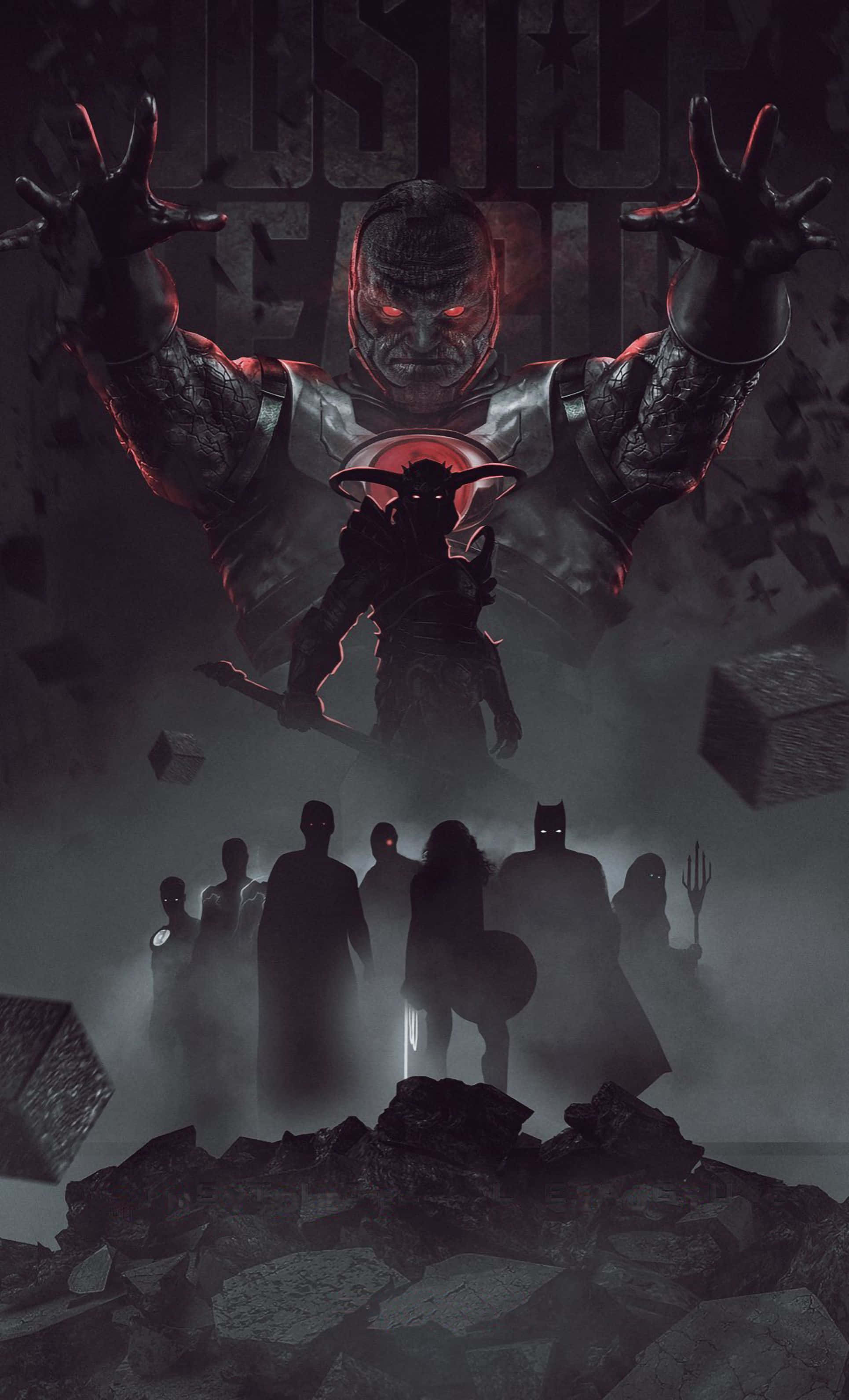 Zack Snyders Justice League 桌布 壁紙 — 一個黑暗的漫畫封面，一個紅眼威脅人物籠罩在剪影英雄之上，背景是破碎、佈滿瓦礫的景觀。