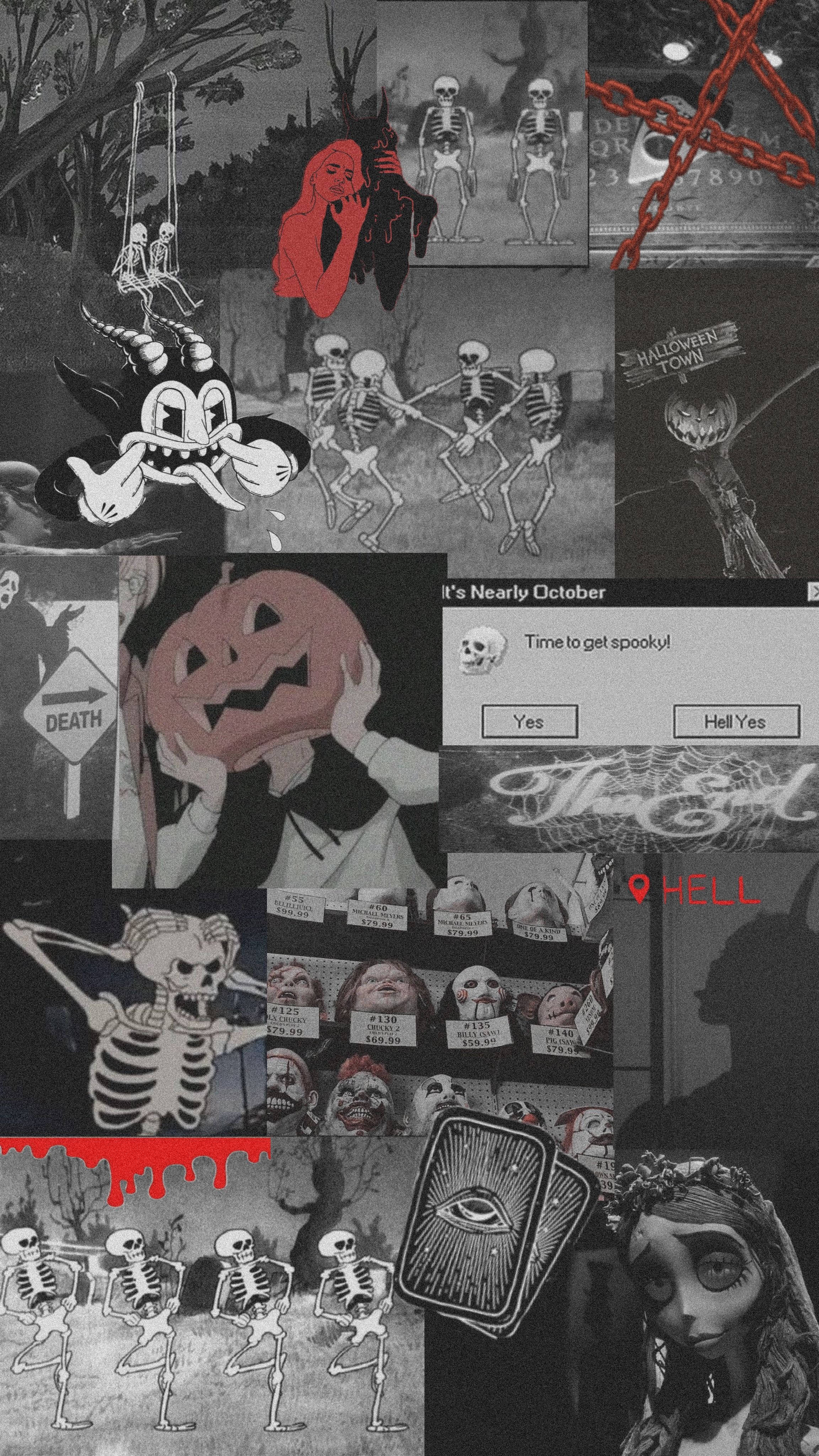 Halloween Aesthetic 桌布 壁紙 — 一個黑暗的萬聖節拼貼畫，特色是跳舞的骷髏、紅皮膚女巫、傑克南瓜燈和詭異的文字疊加。
