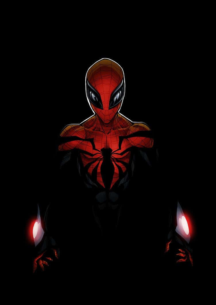 Spider Man Phone 桌布 壁紙 — 一個黑暗的蜘蛛人剪影，帶有發光的紅色眼睛和雙手，站在黑色背景前。