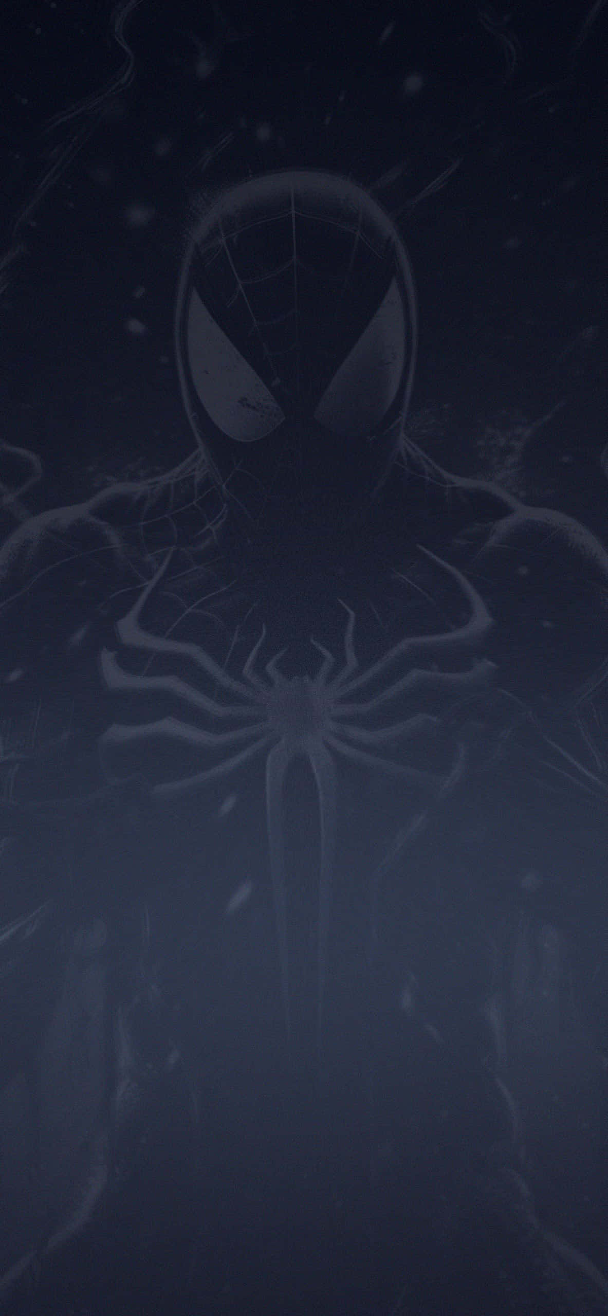 Symbiote 桌布 壁紙 — 一個黑暗的蜘蛛人剪影，帶有發光的白色眼睛和蜘蛛標誌，站在風雪交加的夜空下。